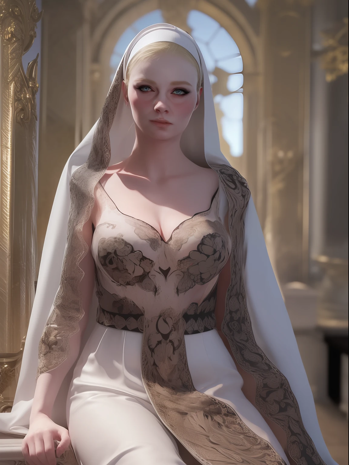 pretty blonde woman nun veil, read holy book, long blonde hair ,8k ,realistic , (photorealistic, high resolution:1.4) , (8k, RAW photo, best quality, masterpiece:1.2), (realistic, photo-realistic:1.37) ,black dress , (simple background:1.4), solo, upper body, realistic,(masterpiece:1.4),(best quality:1.4) , natural lighting