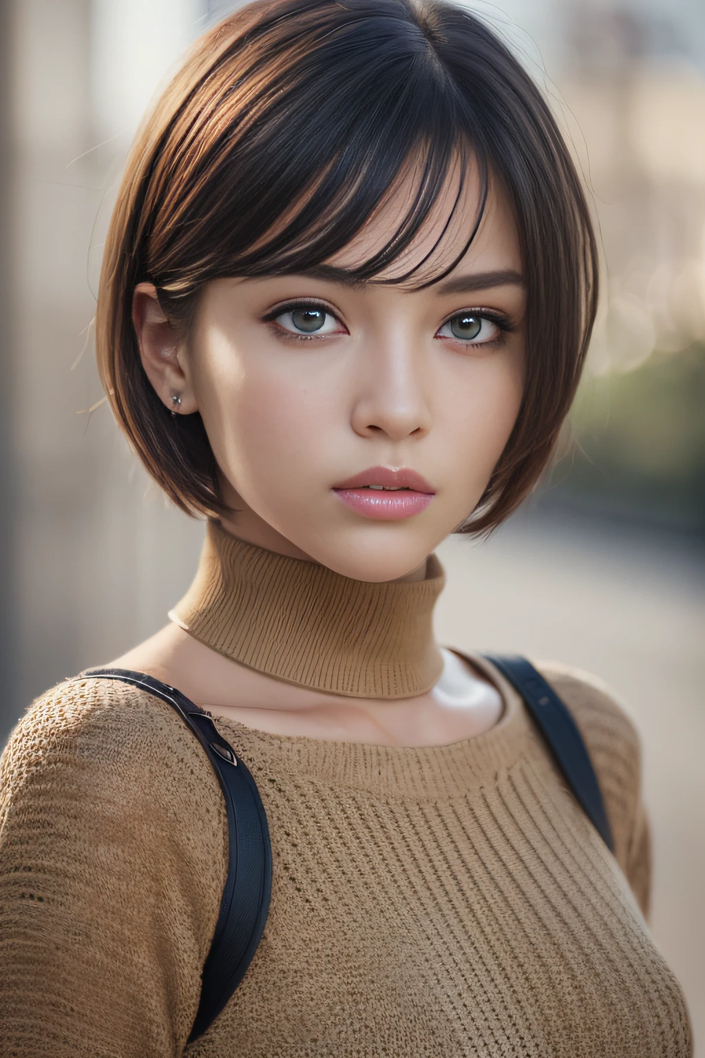 (masterpiece:1.3), (8k, photorealistic, RAW photo, best quality: 1.4), (1girl), beautiful face, (realistic face), (black hair, short hair:1.3), beautiful hairstyle, realistic eyes, beautiful detailed eyes, (realistic skin), beautiful skin, (sweater), absurdres, attractive, ultra high res, ultra realistic, highly detailed, golden ratio
