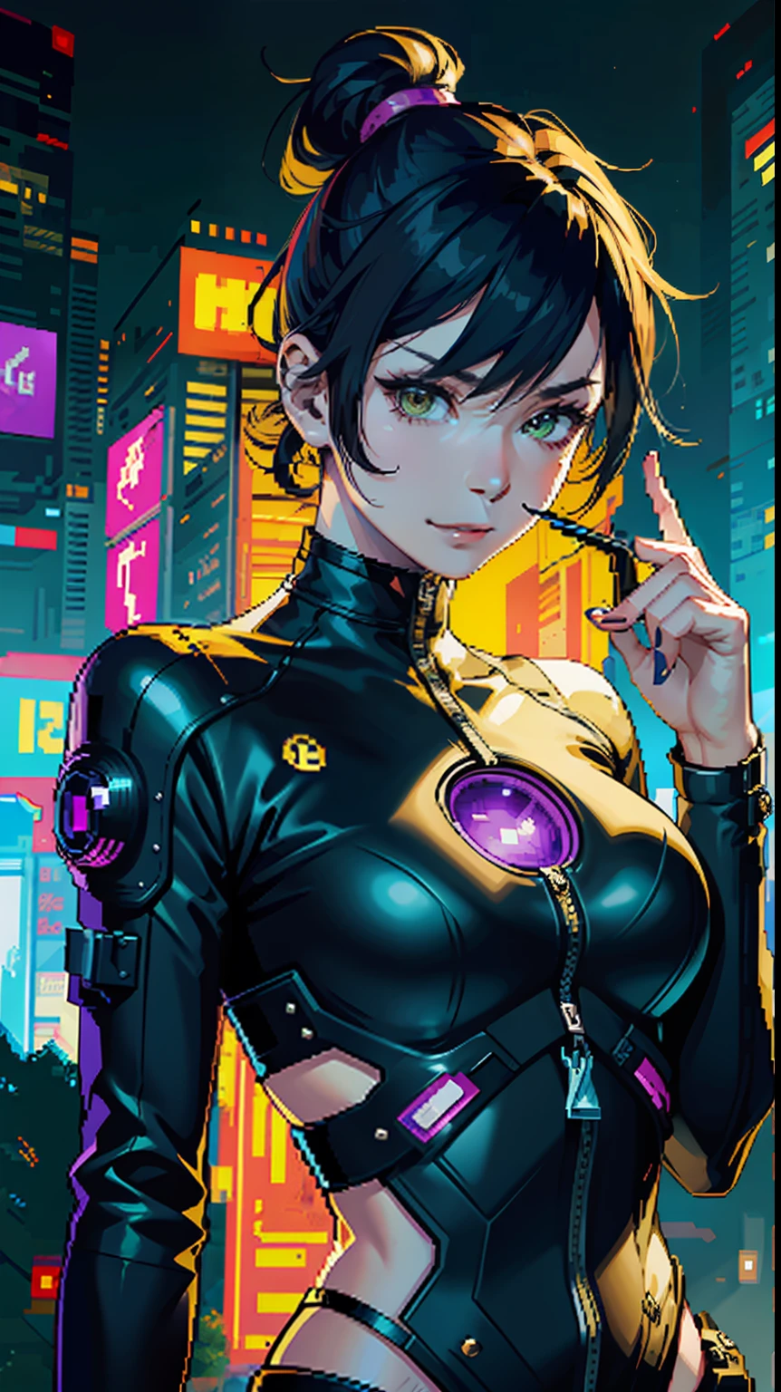 ((pixel art:1.5)),(((solo,1 girl))),(((cyberpunk))),(((Fighting stance))), dynamic angle, focus on the face, petite, little,(((short stature))),baby face:1.2, (short hair), double bun, ((black hair)), shiny hair, antenna hair, (((smirk))), (((v-shaped_eyebrows))), small_breasts, ((green eyes)), white skin, zettai_ryouiki, chinese_clothes, (thick_eyebrows),(five finger), dangerous, powerful, grin,((round face)),