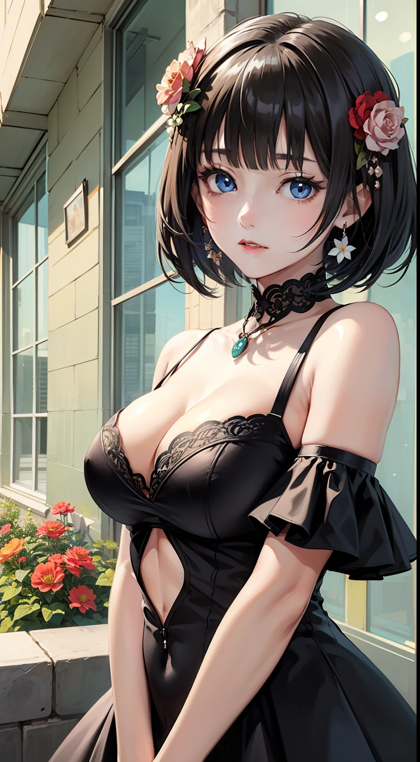 (masterpiece best quality:1.4),Yui,anime,1girl, breasts, solo, short hair, window, cleavage, navel, blue eyes, hair ornament, flower, dress, hair flower, looking at viewer,feathers, jewelry, large breasts, bangs, black hair, bob cut, upper body, black dress,medium breasts,outdoor, blunt bangs