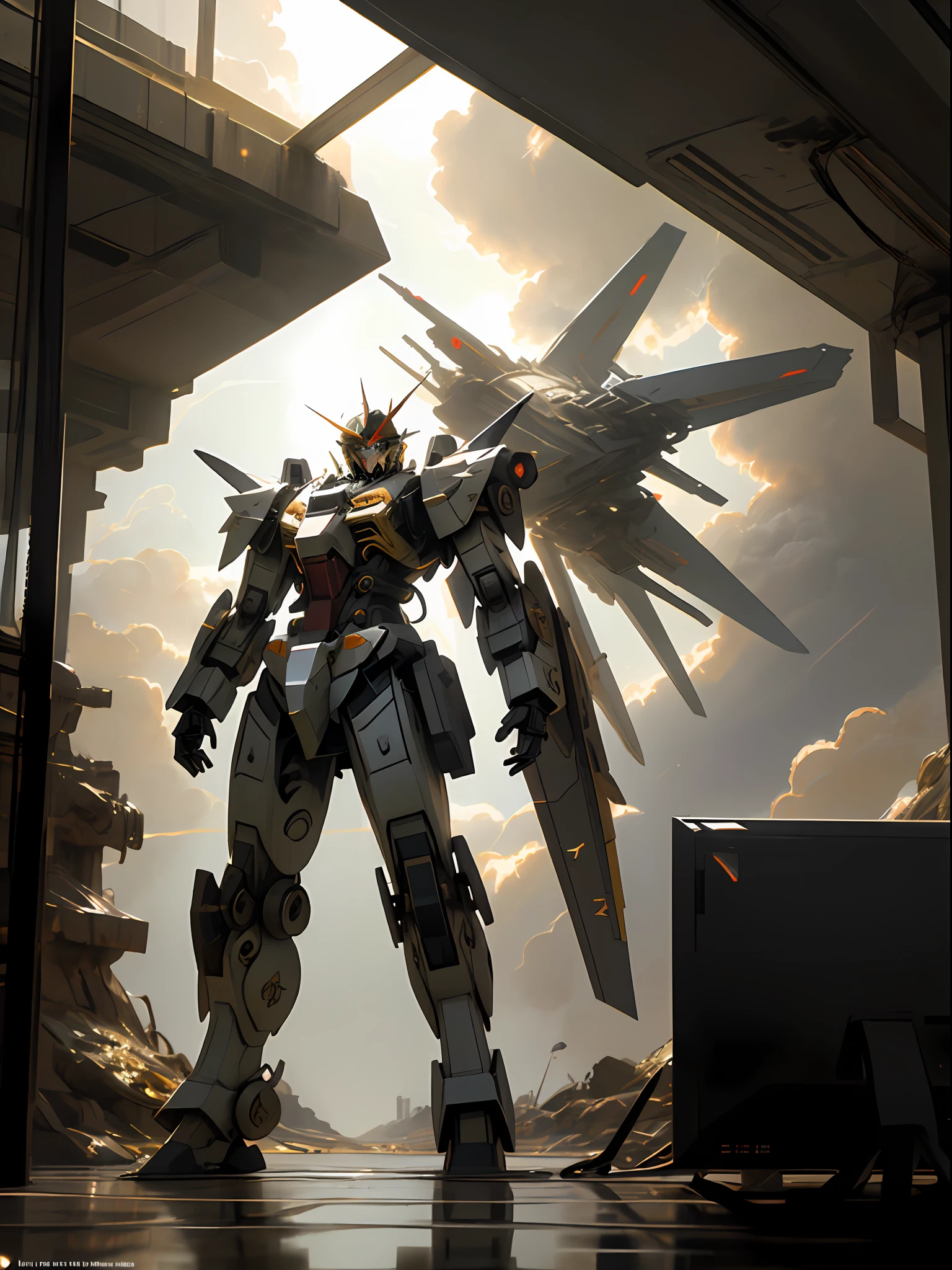 ((Best Quality)), ((Master Works)), (Very Detailed: 1.3), 8K, Cool Painting, Full of Sci-Fi, Beautiful Women Sitting in Front of Window in Mecha, Streamlined Golden Armor, Knife, Gundam Mech, Mecha Aesthetics, Perfect Body Proportions, Heads-Up View, Seated, Armed Mech, Golden Quicksand, Screen Window, Realism, Clouds in the Sky, Dark Black War Background, Ray Tracing, Light Particles, NVIDIA Trtx, Super Resolution, Unreal 5, Subsurface Scattering, Specular and albedo maps, rule of thirds, large aperture, battle stance, 8K raw data, high efficiency subpixels, subpixel convolution, light particles, light scattering, tyndall effect, ray tracing.