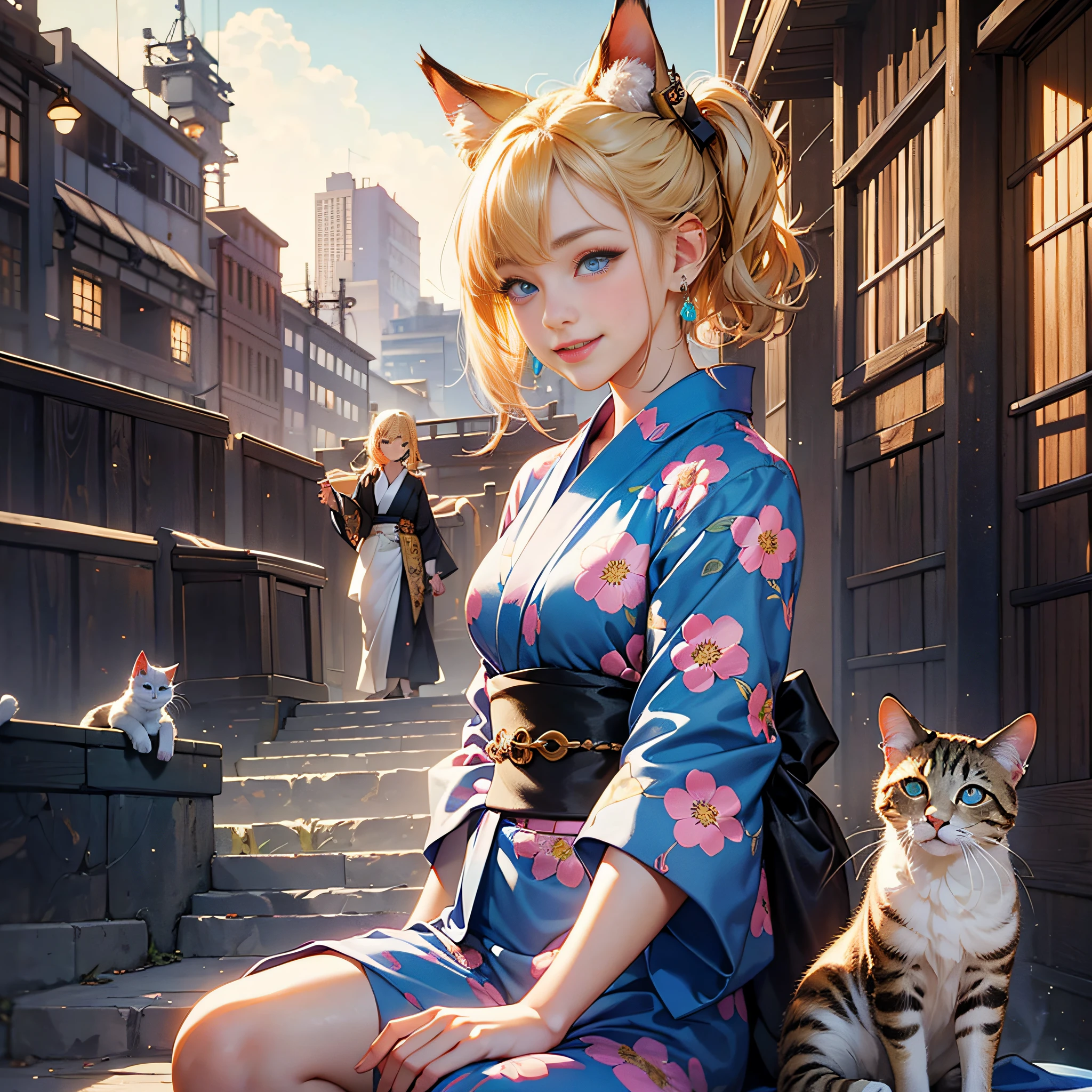 {{masterpiece, best quality, extremely detailed CG, unity 8k wallpaper}}, steampunk, park facing Yokohama port, 1 girl, 1 cat, smiling girl holding a cat, cute face, blonde short bob, ears pierced earrings, yukata, yukata pattern goldfish, detailed eyes, blue eyes, double eyelids, long eyelashes, cinematic lighting,