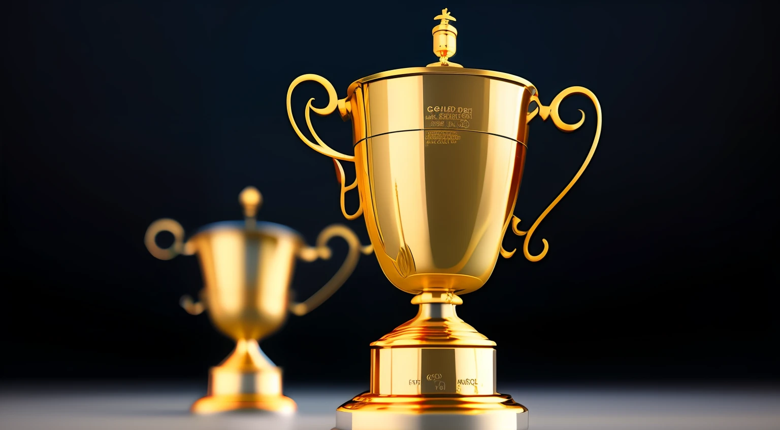 Close up of golden trophies on table with blurred background, award-winning. Octane renderings, award-winning CGI, award-winning images, highly detailed 4K award-winning images, award-winning 3D renderings, CGsociety Award, "Gold Cup", awarded on ArtStation, very detailed. Reality Award, Winning Digital Rendering, CGhage Award, Blue Tone, Dark Color --auto