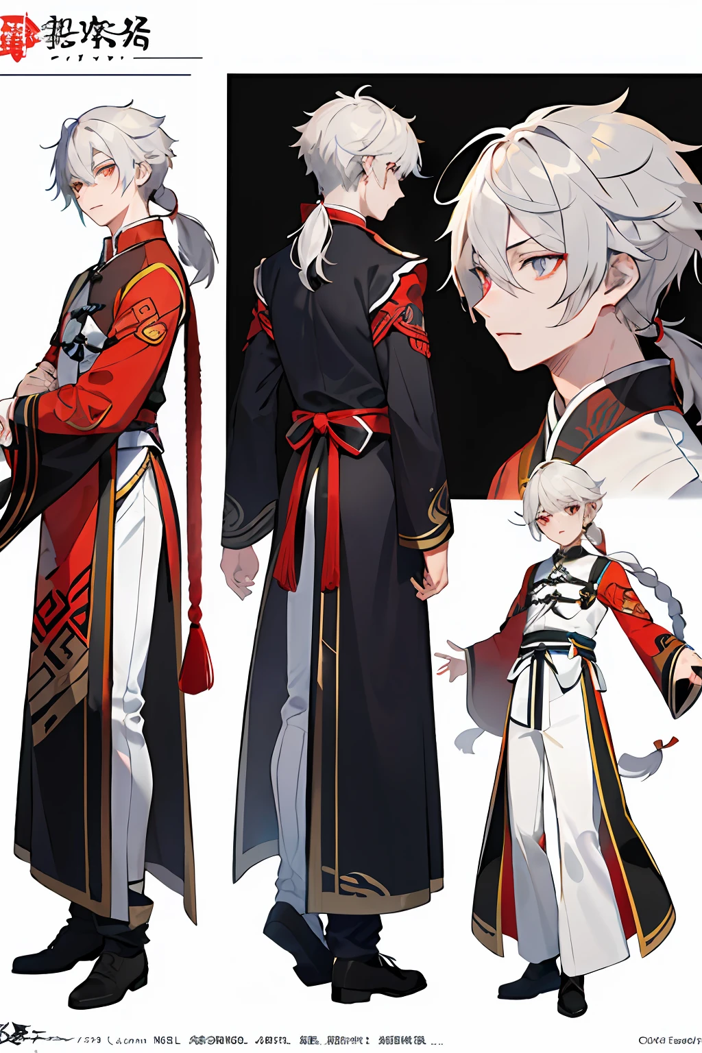 (Character design sheet, same character, front, side, back), illustration, 1 boy, pose kotai, white mist long-haired boy, high ponytail, braid, young general, ancient Chinese costume, dark color as the main color of the picture, scars on the face, bird element, charturnbetalora