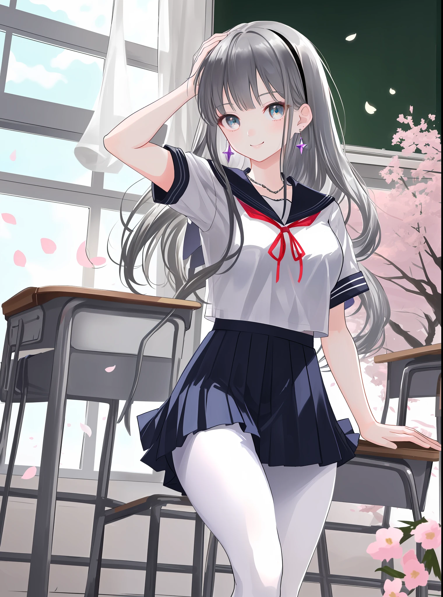 Extremely detailed face, an extremely delicate beautiful girl, extremely detailed eyes and face, high resolution, beautiful detailed eyes, real light source, warm colors, a girl, thigh focus, smile, look up, look at you, shy, very long hair, black hair, silver hair, bangs, big breasts (E, erlang legs, absolute field, school uniform, pleated skirt, mini skirt, white tights, leggings pantyhose, ribbons, necklaces, earrings, damaged over-the-knee socks, lace, clothing accessories/head accessories, headbands, Scattered cherry blossoms, detailed background, butterflies flying, classroom, hands on heads, indoors, tables in the sun