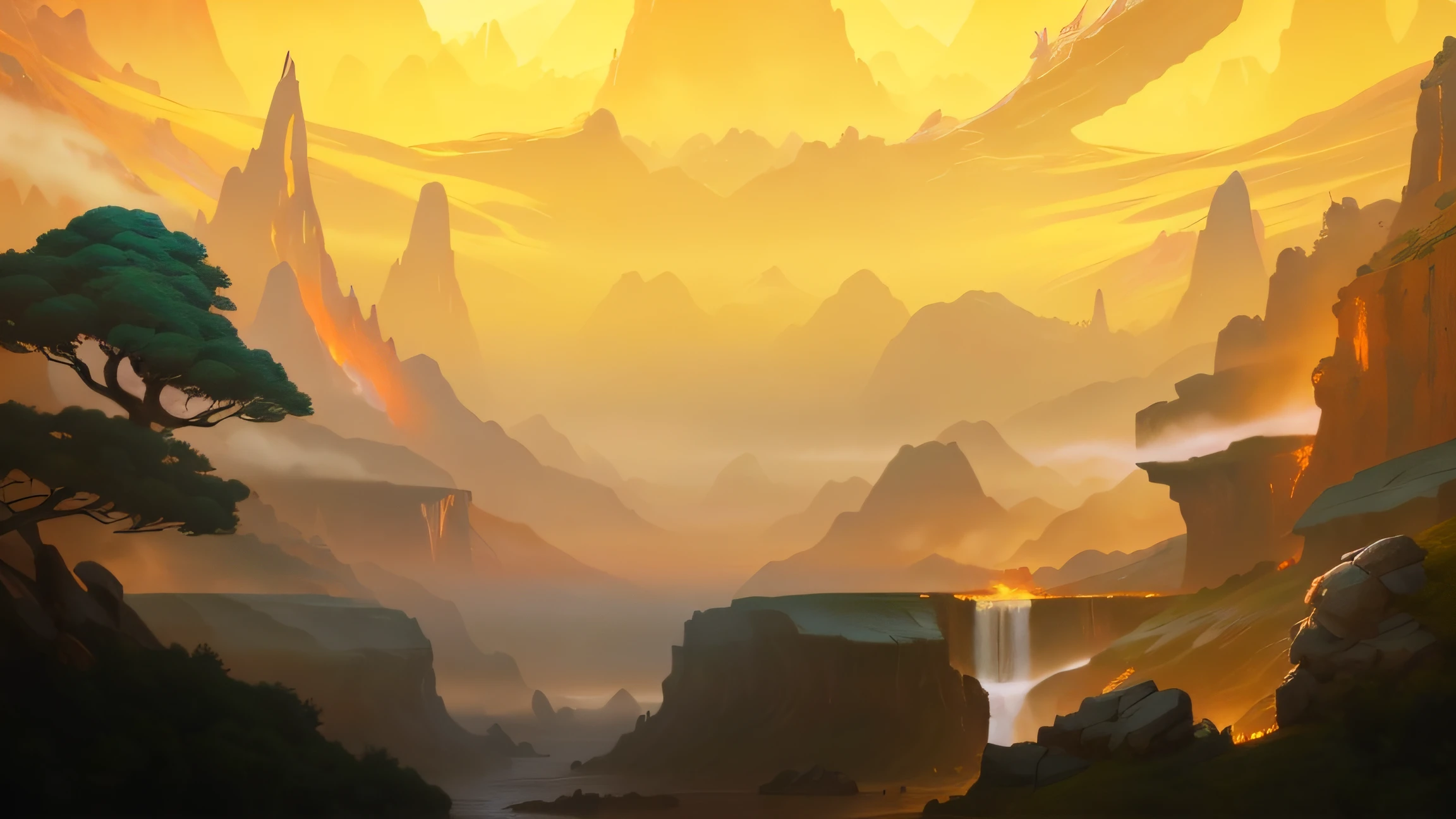 painting of a mountain landscape with a river and a waterfall, background art, golden hour background, background artwork, epic digital painting, splash screen art, an epic landscape, epic background, oil paint concept art, digital painting concept art, firey environment, game background, concept art. epic landscape, low detailed. digital painting, 8k resolution digital painting