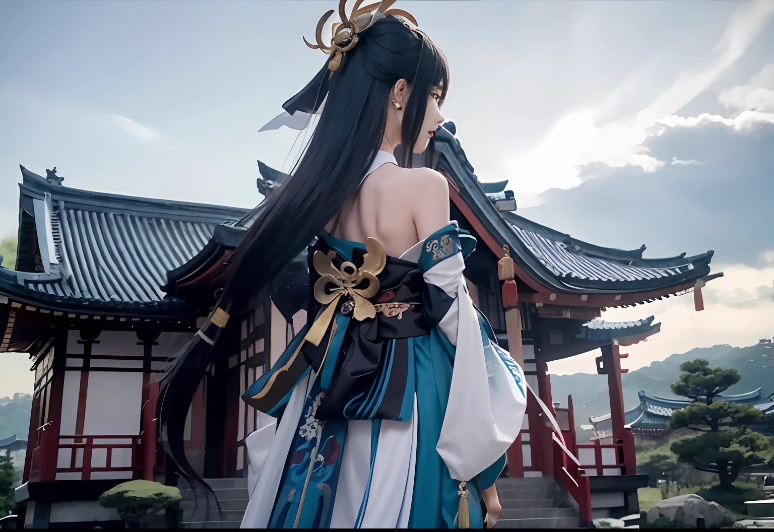 Arad man in blue and white dress standing in front of buildings, palaces, boys in Hanfu, Keqing of Genshin impact, Zhongli of Genshin impact, anime girl cosplay, Onmyoji, anime cosplay, gorgeous cosplay, Hanfu, white Hanfu, full body fairy, wearing ancient Chinese costumes