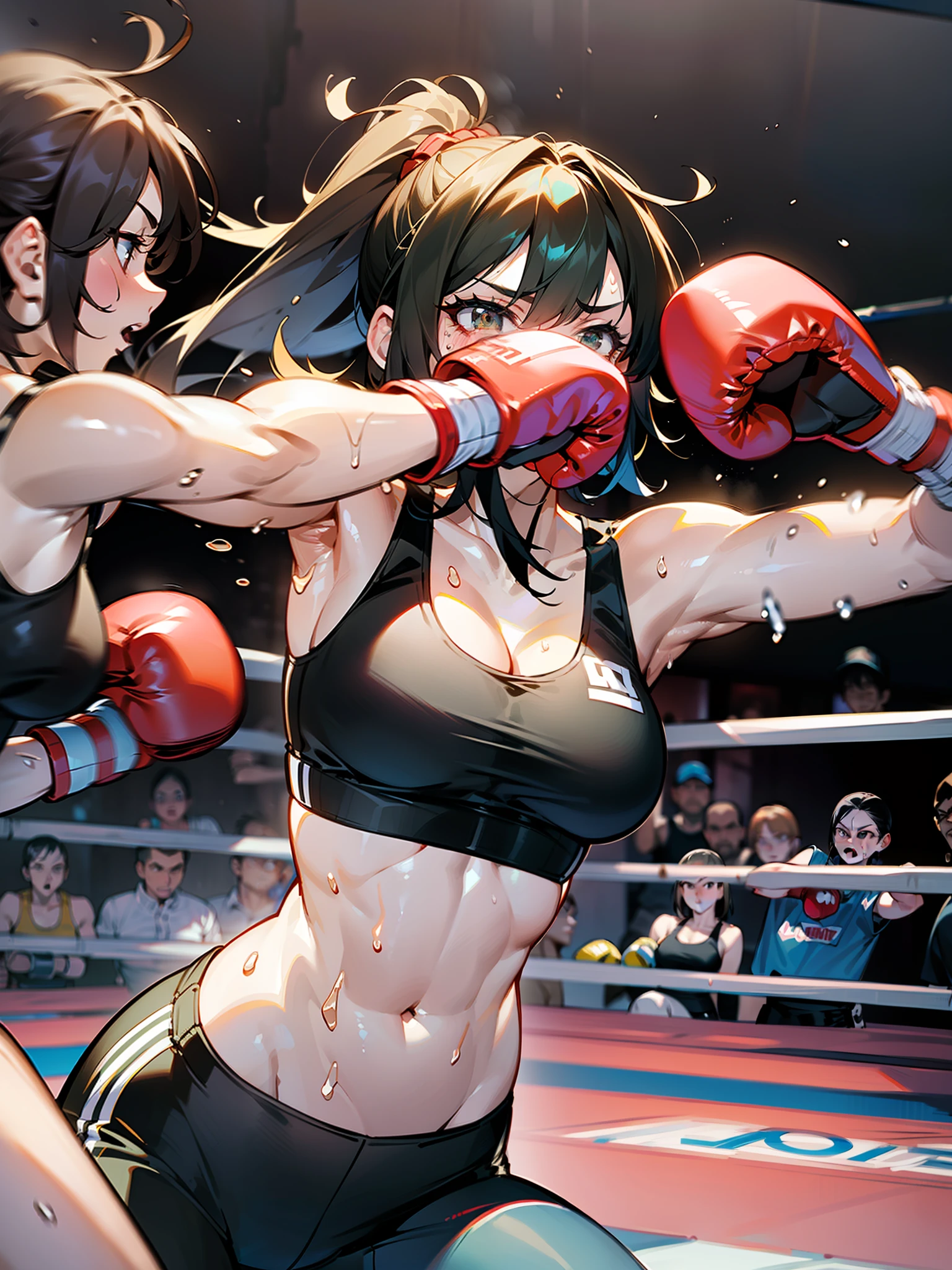 Two female boxers, one female boxer is punching, the other female boxer is being pounded properly, one-sided development, female boxing match, bang, punch hits, (((two women)), sports bra, leggings, boxing gloves, fist strike, rope, cornered, boxing ring rope, sweat all over body, visible damage, The two are facing each other, no third person