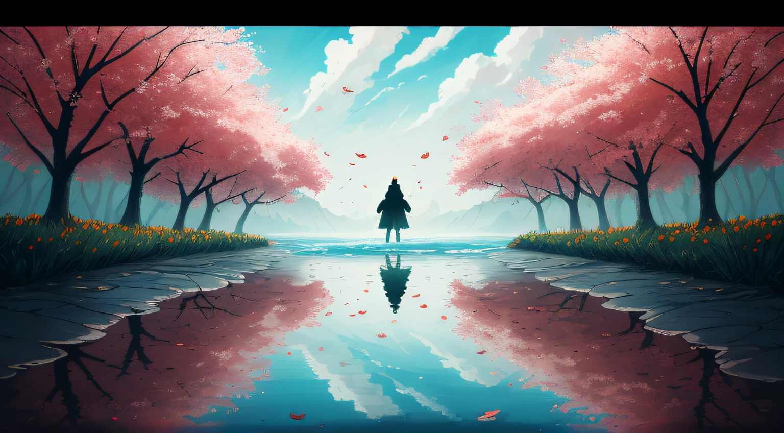 I can't remember the feeling of the beginning
The landscape painting depicted is a devil that deceives angels
Eventually, even the hot heartbeat and lies will end
Counting on my fingers, the last time of freedom
Baring my teeth and howling, just flowing people
The abyss reflected in the water surface
Because it sways and disappears with withered leaves
Because it fades in the waves
Is there a nostalgic memory at the destination led to?
The scars that can boast of time
Blossom vividly and unhealed in red
In the same time, blooming vividly, 
abstract landscape,
(best quality:1.3), (highres:1),