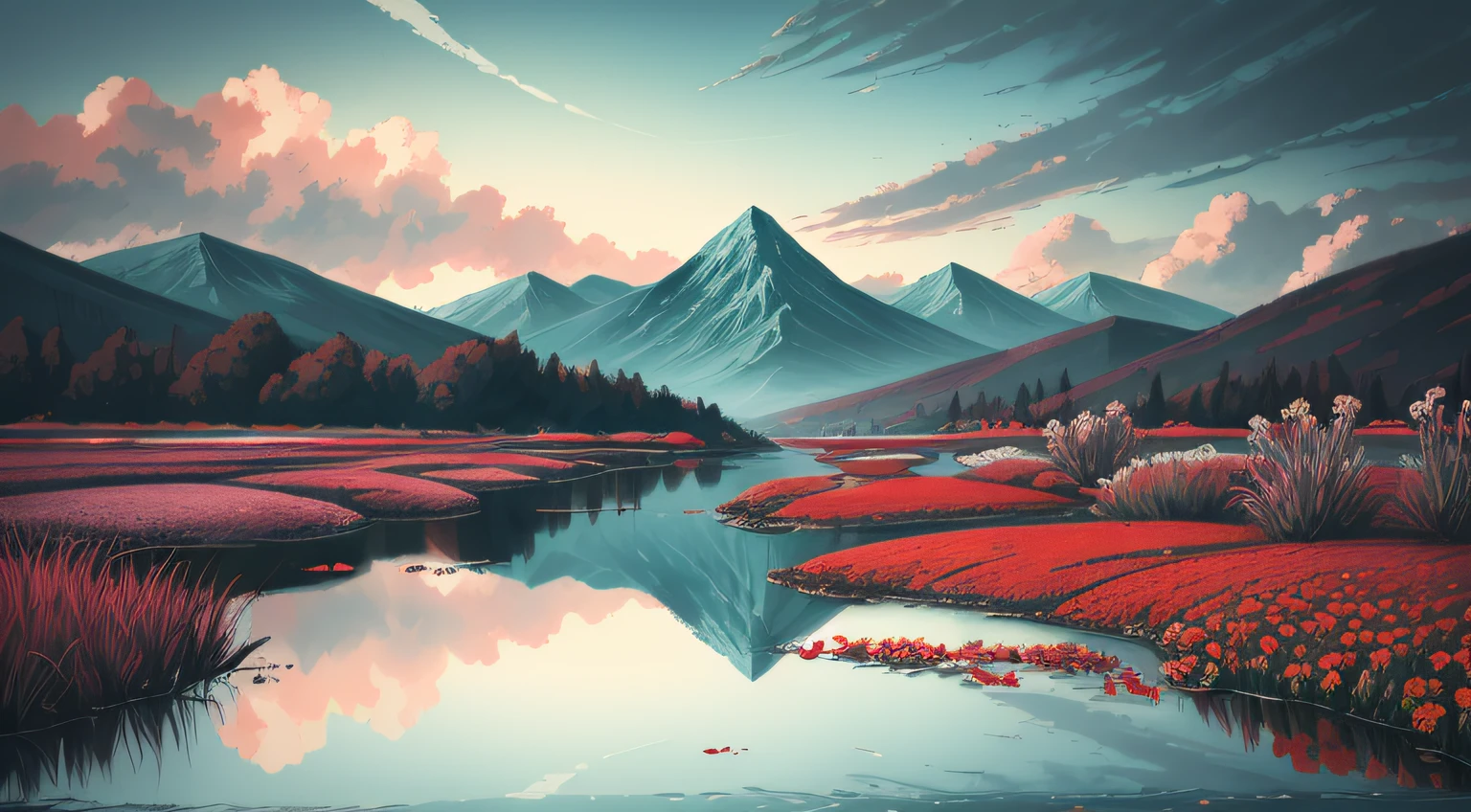 I can't remember the feeling of the beginning
The landscape painting depicted is a devil that deceives angels
Eventually, even the hot heartbeat and lies will end
Counting on my fingers, the last time of freedom
Baring my teeth and howling, just flowing people
The abyss reflected in the water surface
Because it sways and disappears with withered leaves
Because it fades in the waves
Is there a nostalgic memory at the destination led to?
The scars that can boast of time
Blossom vividly and unhealed in red
In the same time, blooming vividly,
abstract landscape,
(best quality:1.3), (highres:1),