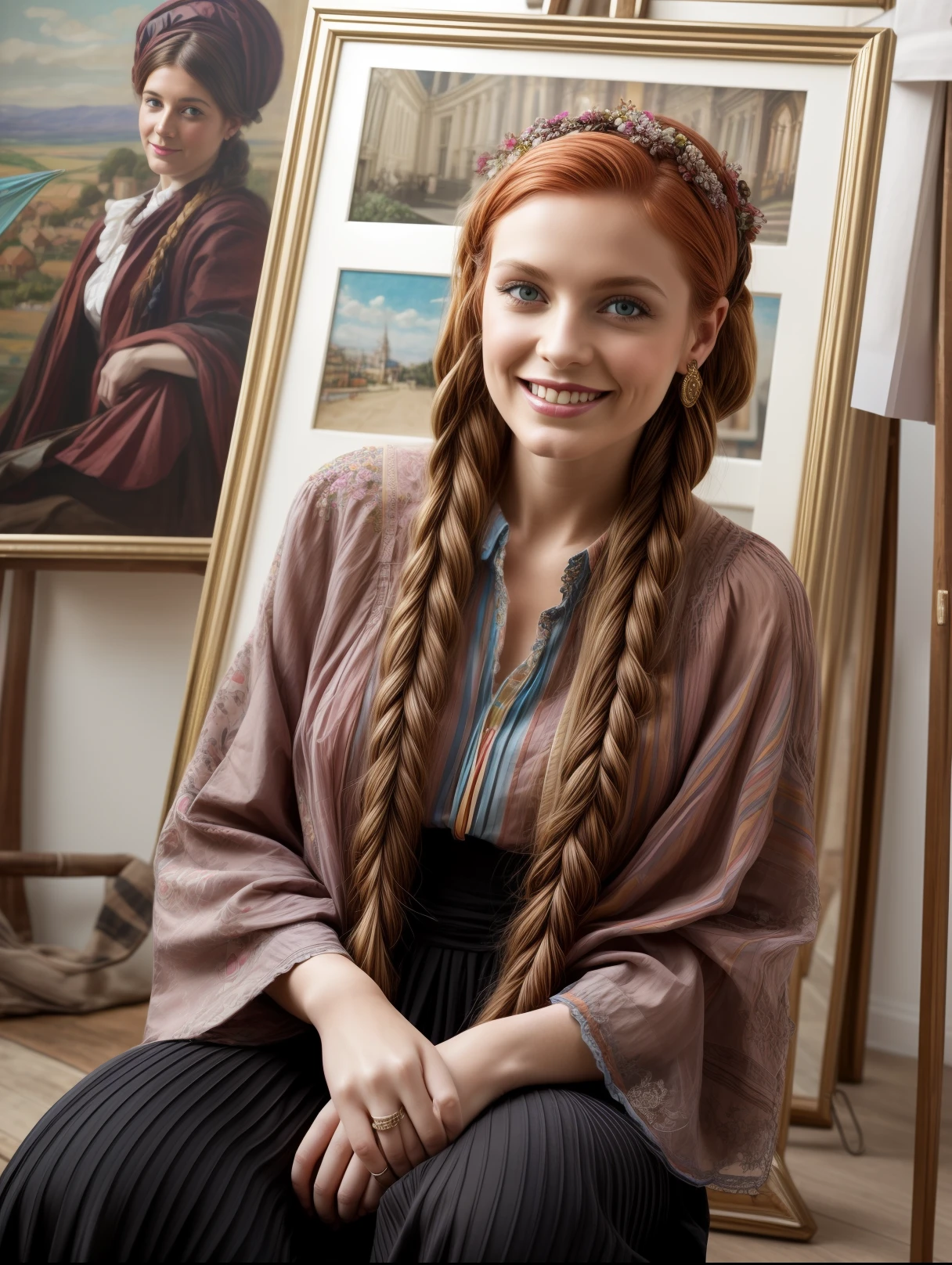 Immerse yourself in the colourful world of a neo Victorian artist , she has long plaited red hair and wears highly fashionable bohemian neo Victorian clothing, set in an artist studio ,she locks eyes with the camera and smiles ,her face radiates beauty and intelligence. Artists studio backdrop. Photographed by David bailey using Hasselblad’s flagship mirrorless medium format camera X2D 100C. 1000mps ,bold vibrant colours