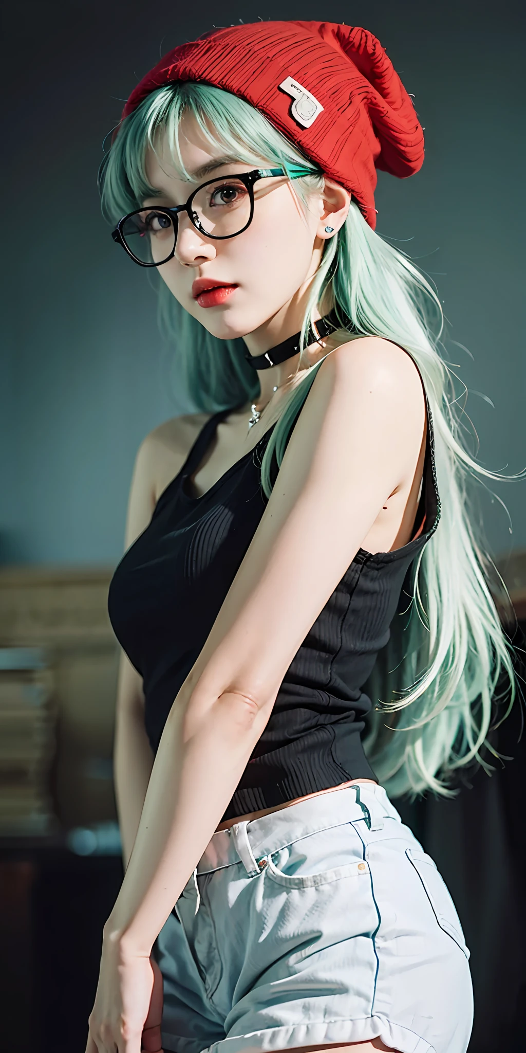 masterpiece, best quality, realistic, highly detailed, 1girl, solo, cowboy shot, preaty girlwhite beanie, light green hair, long hair, bangs, red eyes, glasses, choker, black tanktop, A tomboyish face