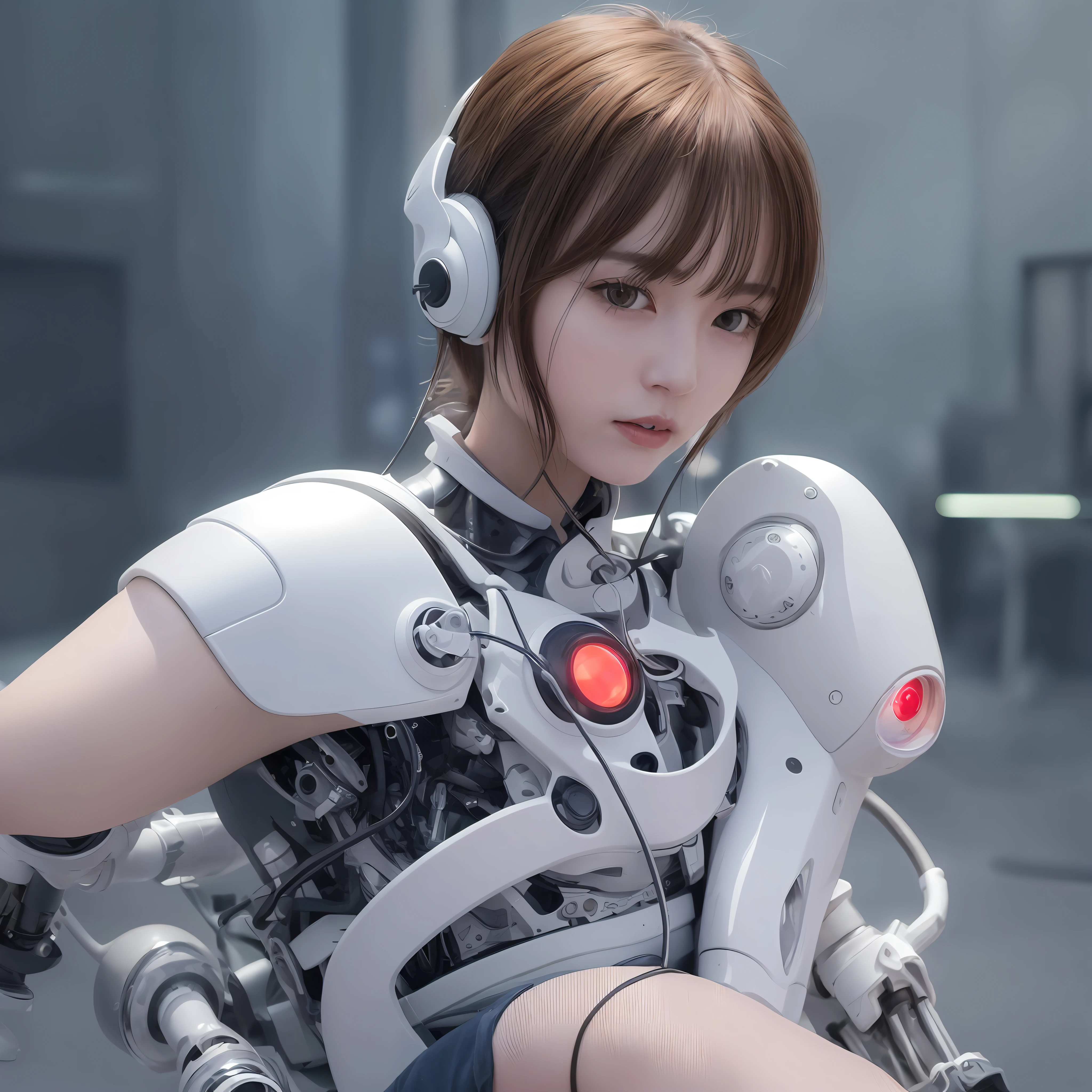 1girl, ulzzang-6500-v0.7, (raw photo: 1.2), (((photorealistic: 1.4)) top quality masterpiece, illustration, very delicate and beautiful, highly detailed CG, unity, 8k wallpaper, amazing, fine details, masterpiece, official art, highly detailed CG Unity 8k wallpaper, absurd, incredibly absurd, cute, top quality, masterpiece, Ultra High Resolution, (Photorealistic: 1.4), Raw Photo, Futuristic Town Perspective, Futuristic Skyscrapers, Girl Standing on a Futuristic Street Corner, Black Hair, Glossy Skin, 1 Cyborg Girl, (Ultra Realistic Details)), Portrait, Global Illumination, Shadows, Octane Rendering, 8K, Ultra Sharp, Big, cleavage exposed raw skin, metal, intricate ornamental details, headsets, hydraulic cylinders, very intricate details, realistic light, CGSoation trends, purple eyes, glowing eyes, facing the camera, neon details, mechanical limbs, blood vessels connected to tubes, mechanical vertebrae attached to the back, mechanical cervical attachment to the neck, sitting, wires and cables connecting to the head, Evangelion, cyberpunk, small LED lamps,