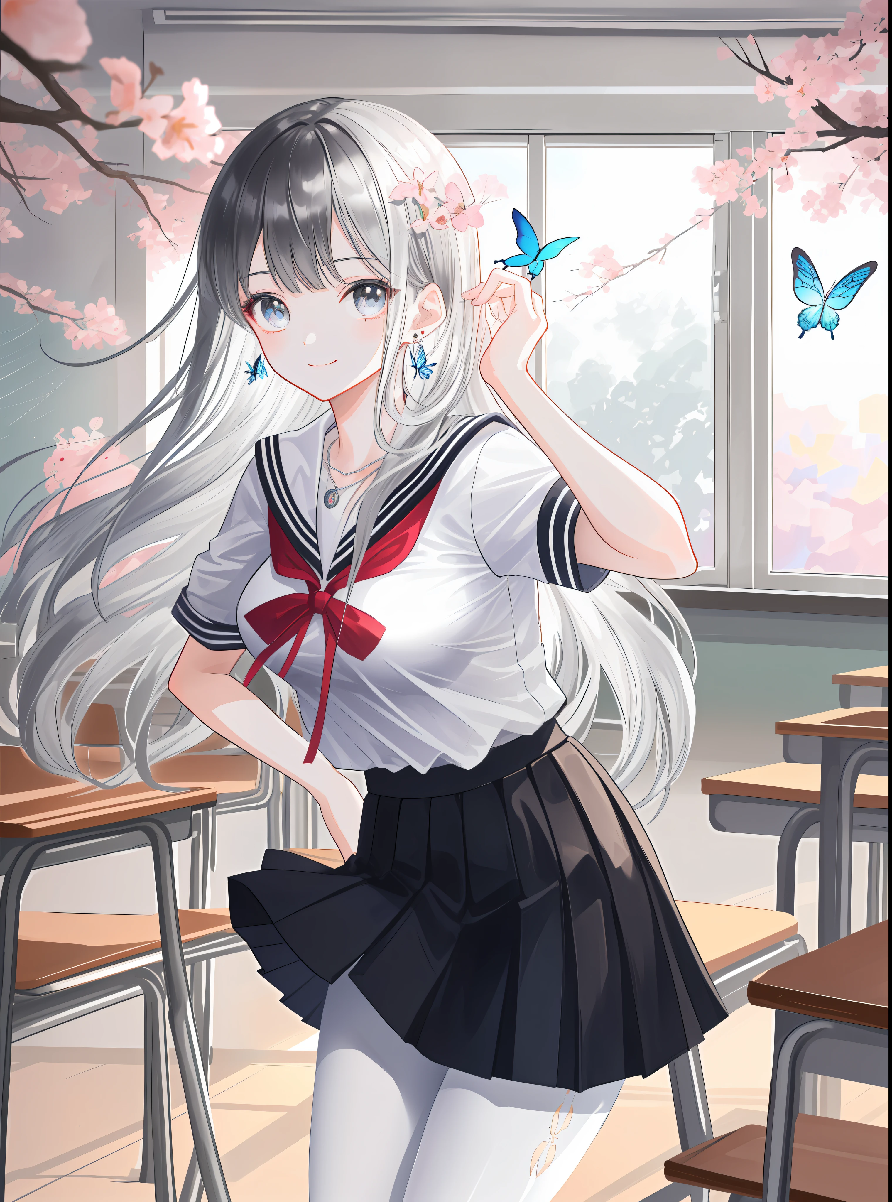 Extremely detailed face, an extremely delicate beautiful girl, extremely detailed eyes and face, high resolution, beautiful detailed eyes, real light source, warm colors, a girl, thigh focus, smile, look up, look at you, shy, very long hair, black hair, silver hair, bangs, big breasts (E, erlang legs, absolute field, school uniform, pleated skirt, mini skirt, white tights, leggings pantyhose, ribbons, necklaces, earrings, damaged over-the-knee socks, lace, clothing accessories/head accessories, headbands, Scattered cherry blossoms, detailed background, butterflies flying, classroom, hands on heads, indoors, tables in the sun
