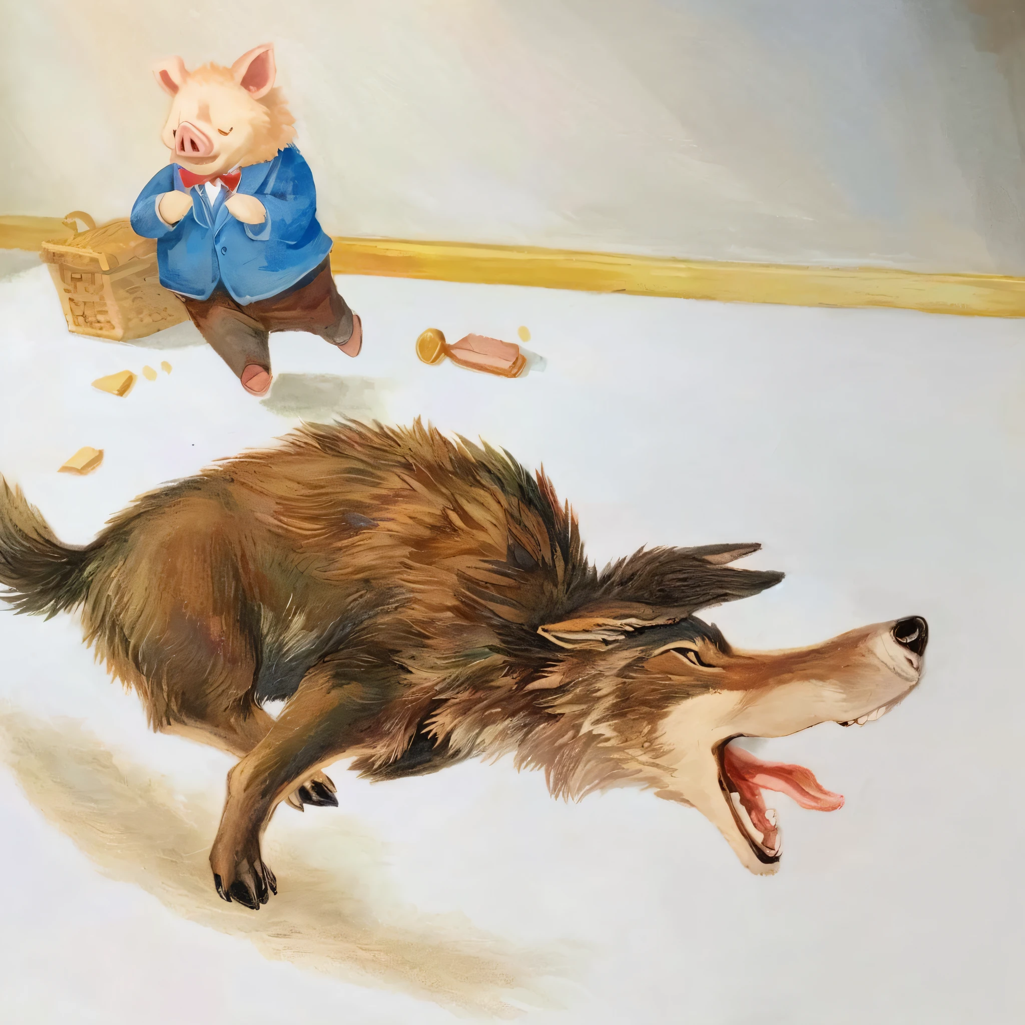 A fleeing wolf in the room, a happy pig,
