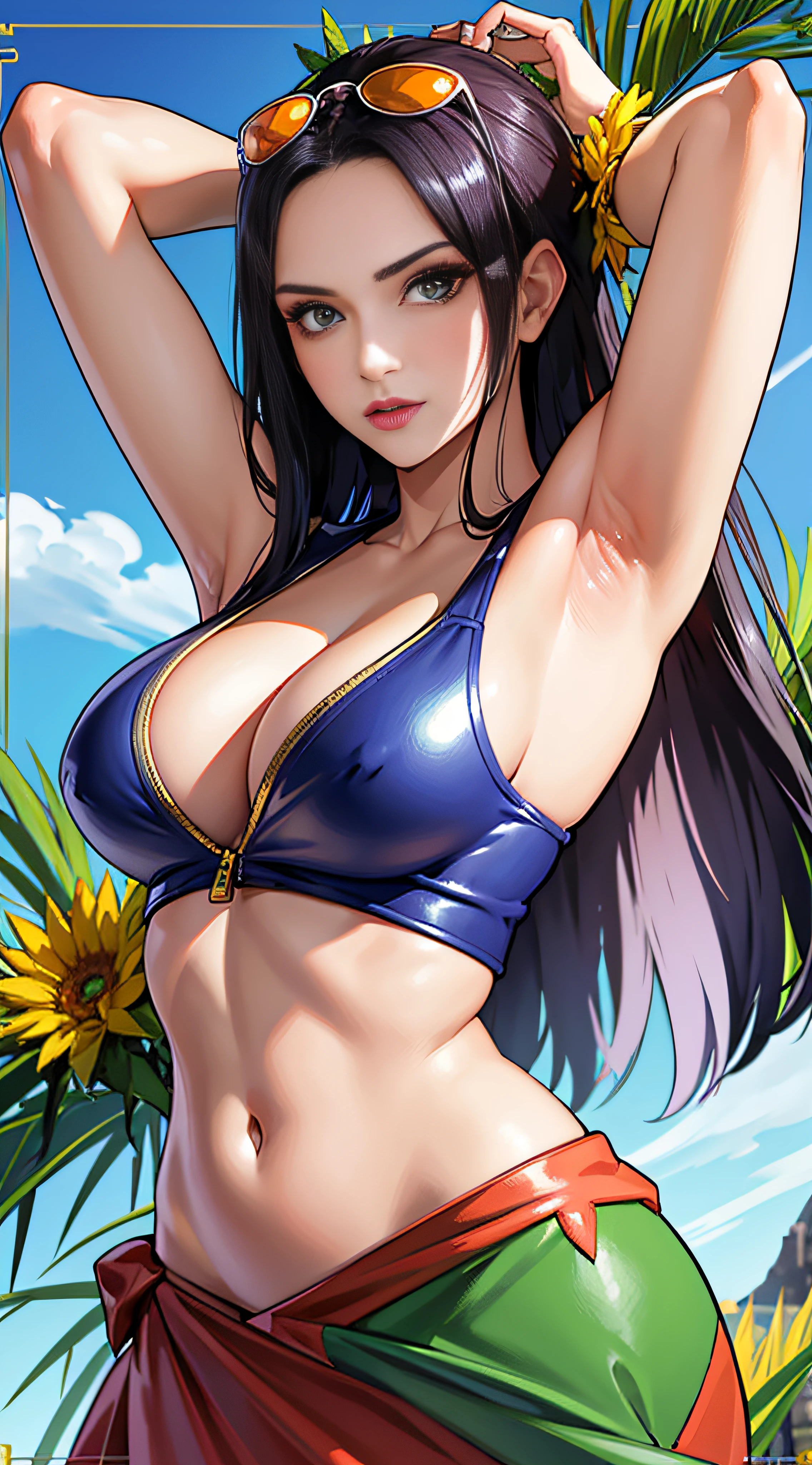 masterpiece, best quality,8k,highestres, absurdres, extremely detailed, nico robin, 1 russian girl, solo, looking at viewer, long silky hair, her outfit is a long red salmon sarong skirt that has a design of a green seaweed with red and yellow flowers on the side with ruffles that bares her hips with a partially-zipped short-sleeved navy blue leather vest with a V-neck line, She wears white sunglasses with orange lenses which she hangs on her forehead, full body shot, (Egypt background),///,