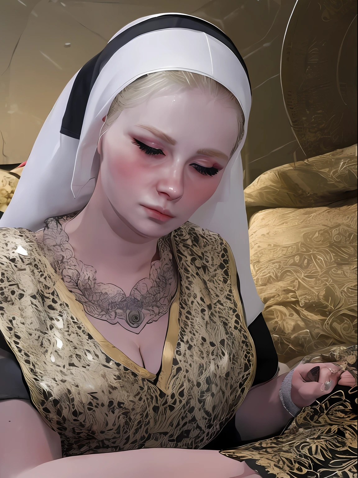 pretty blonde woman wearing nun veil ,sleep on bed , 8k,realistic (realistic, photo-realistic:1.37) solo, upper body, realistic,(masterpiece:1.4),(best quality:1.4) , natural lighting