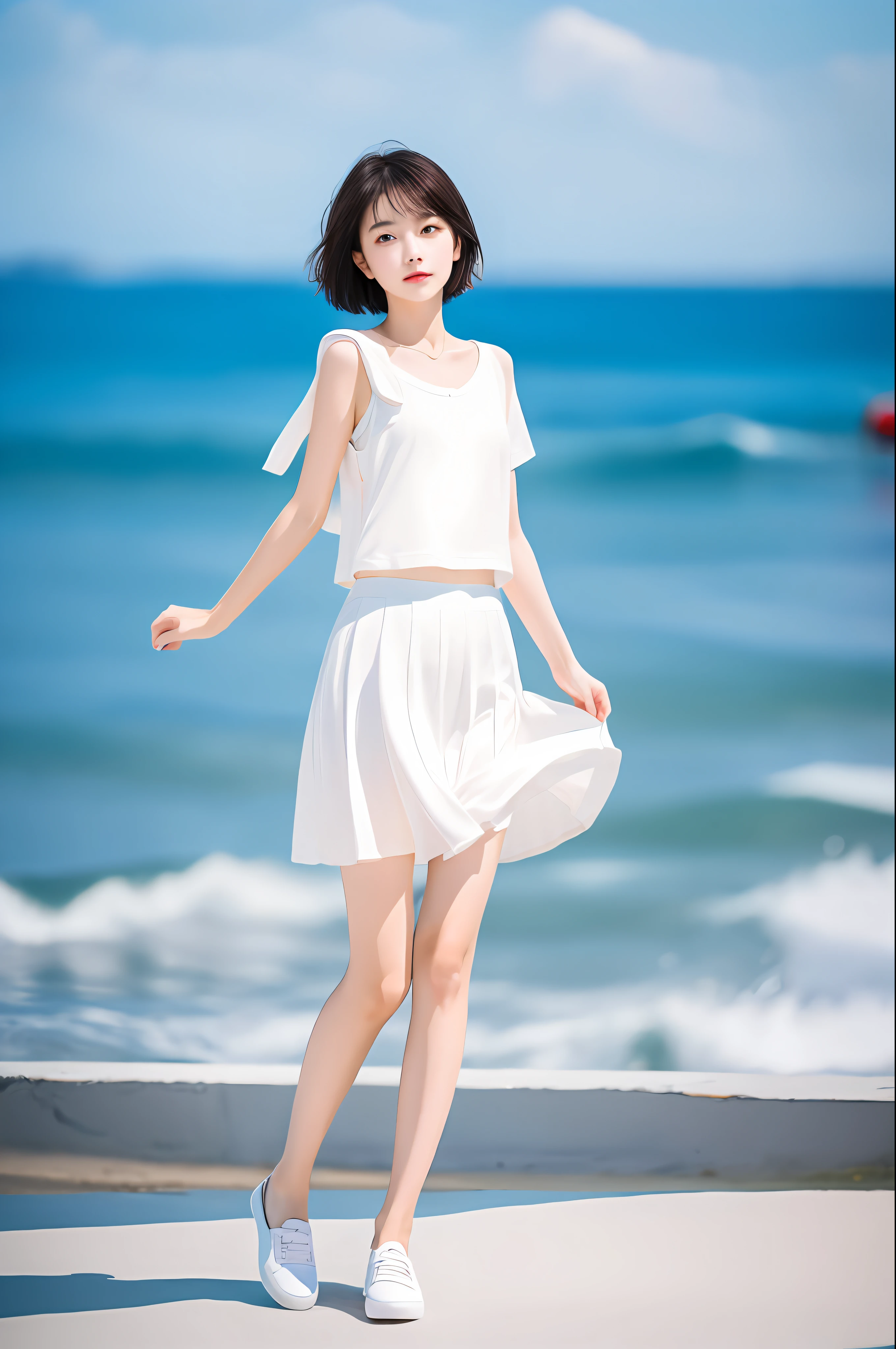 Coastal beauty, 1 girl, (short hair), school uniform, (bright eyes, thin face, white skin, carefree expression), beach background, lighthouse, soft sea breeze, playful pose, dynamic composition, blurred background, rich colors, fine details, 50mm lens, relaxed atmosphere. Portrait photography, 35mm film, natural blur beautiful and clear eyes, simple blurred background, extreme detail description, beautiful, charming, super fine painting, delicate face, delicate figure, slim figure, fine collarbone, cute lips, slender legs, standing full body photo, (8k, RAW photo, best quality, masterpiece: 1.2), (realistic, photorealistic photo: 1.37)