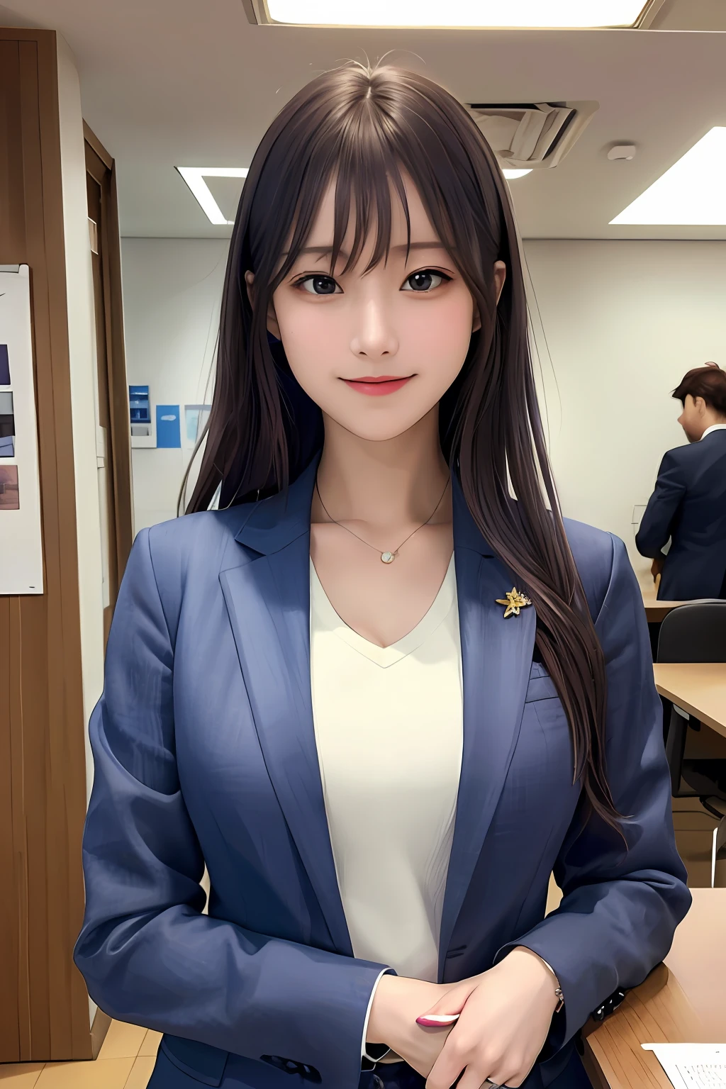 (8k, RAW photo, super high resolution, best quality, masterpiece: 1.2), (realistic illustration), (extremely detailed CG Unity 8k wallpaper), ridiculous, 1 girl, 21 years old, beautiful face, medium breasts, black medium hair, smile, tilted head, smile, upper body, slim pants, gray custom jacket, office, upper body, Nogizaka アイドル, actress, Korean country アイドル