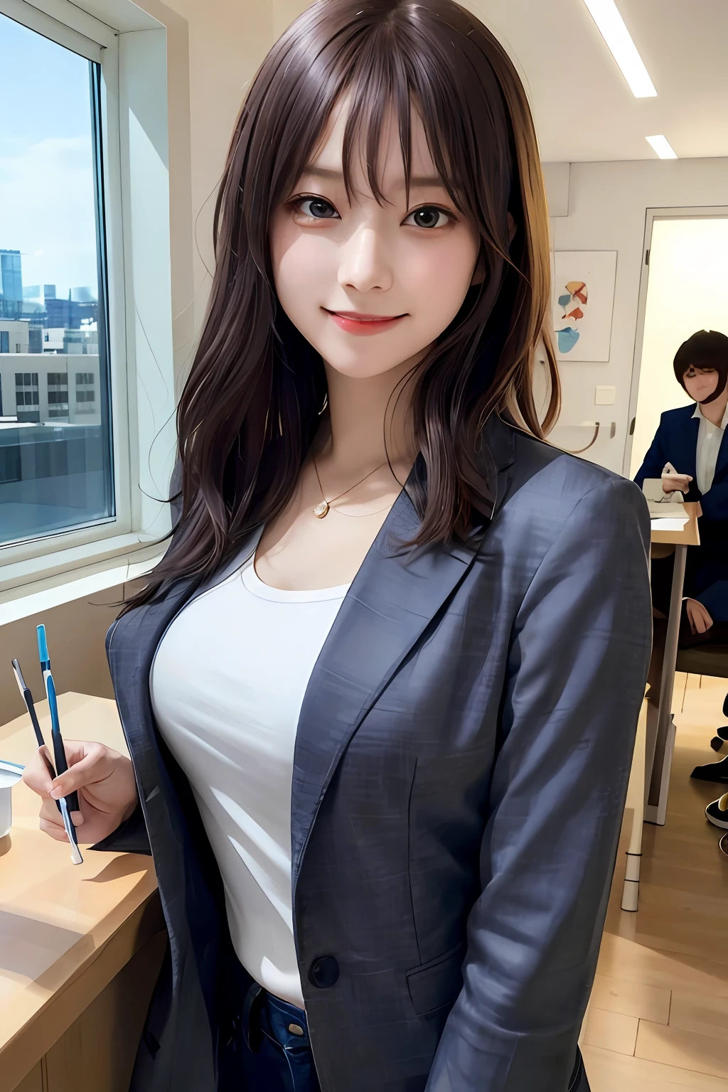 (8k, RAW photo, super high resolution, best quality, masterpiece: 1.2), (realistic illustration), (extremely detailed CG Unity 8k wallpaper), ridiculous, 1 girl, 21 years old, beautiful face, medium breasts, black medium hair, smile, tilted head, smile, upper body, slim pants, gray custom jacket, office, upper body, Nogizaka アイドル, actress, Korean country アイドル