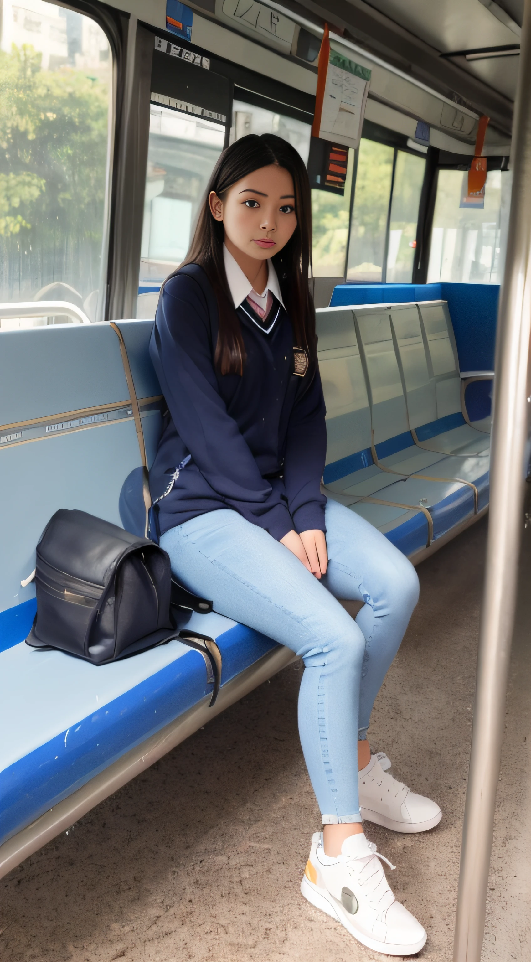 A long-legged girl wearing a soaked school uniform, blue skinny jeans, sneakers sits on a bus