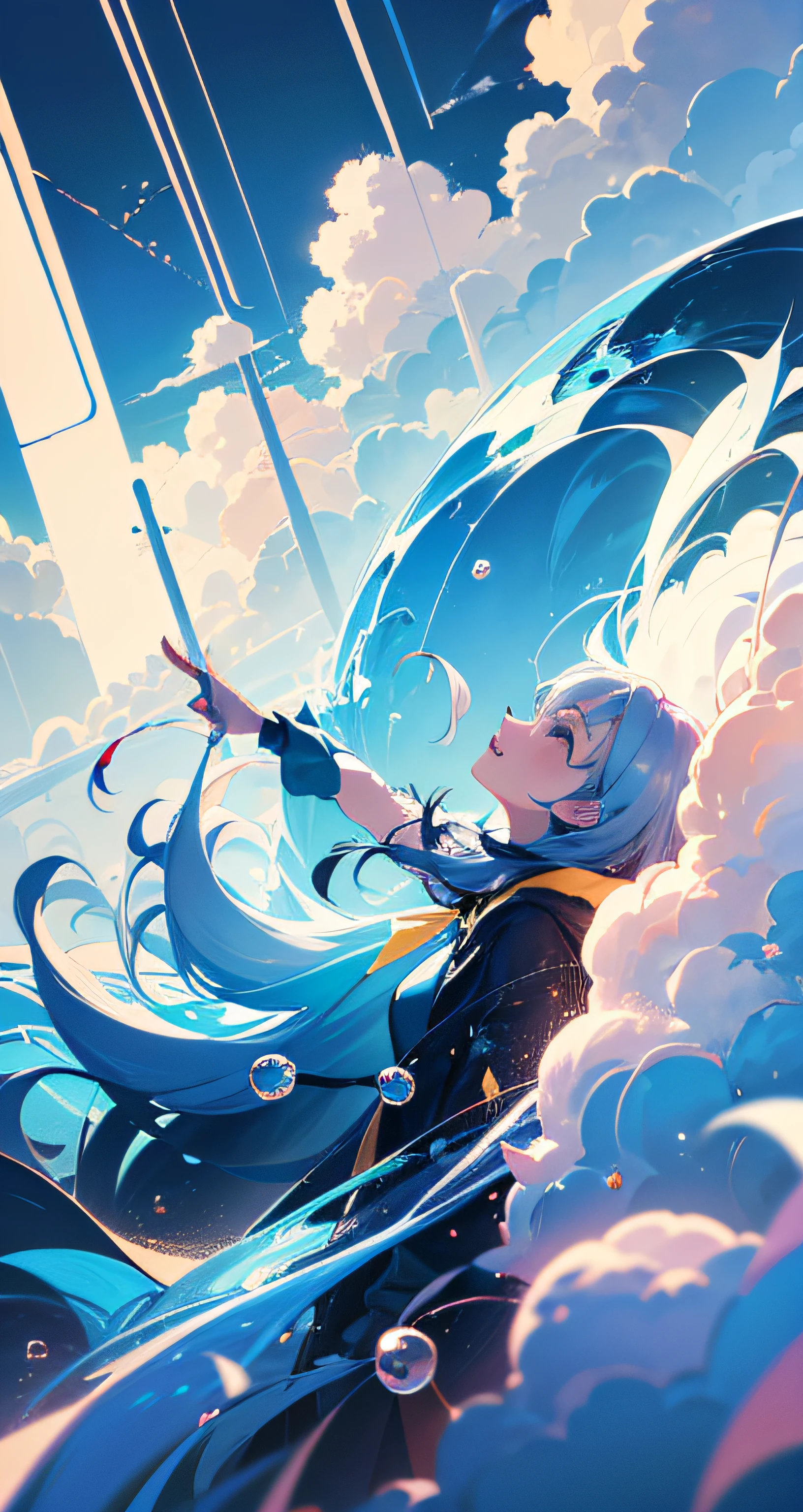 masterpiece, best quality, movie still, 1girl, floating in the sky, cloud girl, cloud, (close-up:1.1), bright, happy, fun, soft lighting, (Bauhaus, shapes, lines, abstract:1.1)