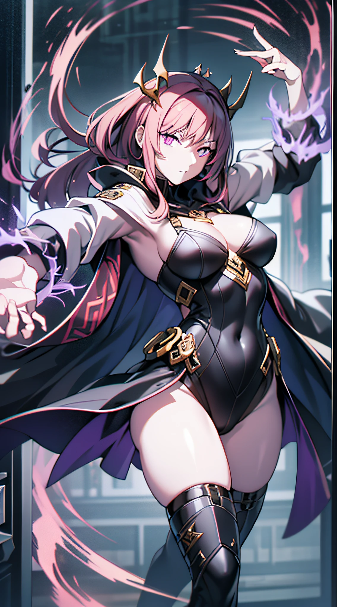 A mature woman, solo, crown on her head, ((red magic cloak)), black tight dress, (pale), muscular left hand pushing open the door, ((stretching out right hand in a half-grip shape, purple flames coming out of the palm)), plump chest, purple eyes emitting cold light, (sharp eyes), ((purple runes spread on the arms)), fierce expression, full body photo, (medium view), rune close-up