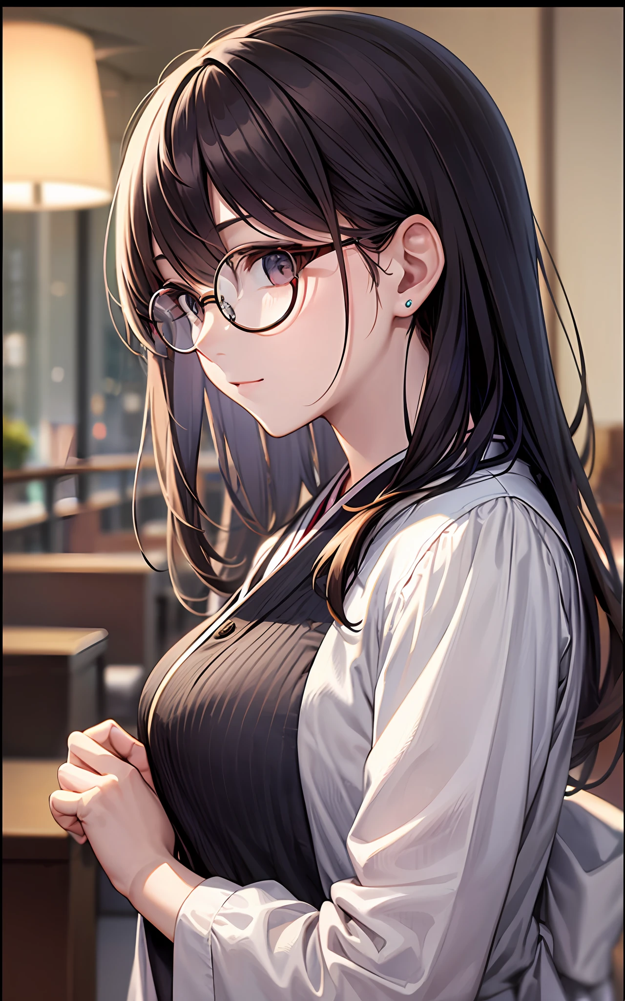 Top Quality, 8K, 4K, High Definition, Details Beautiful round glasses girl, dark hair girl, Japan style everyday clothes, hotel lounge, upper body shown,