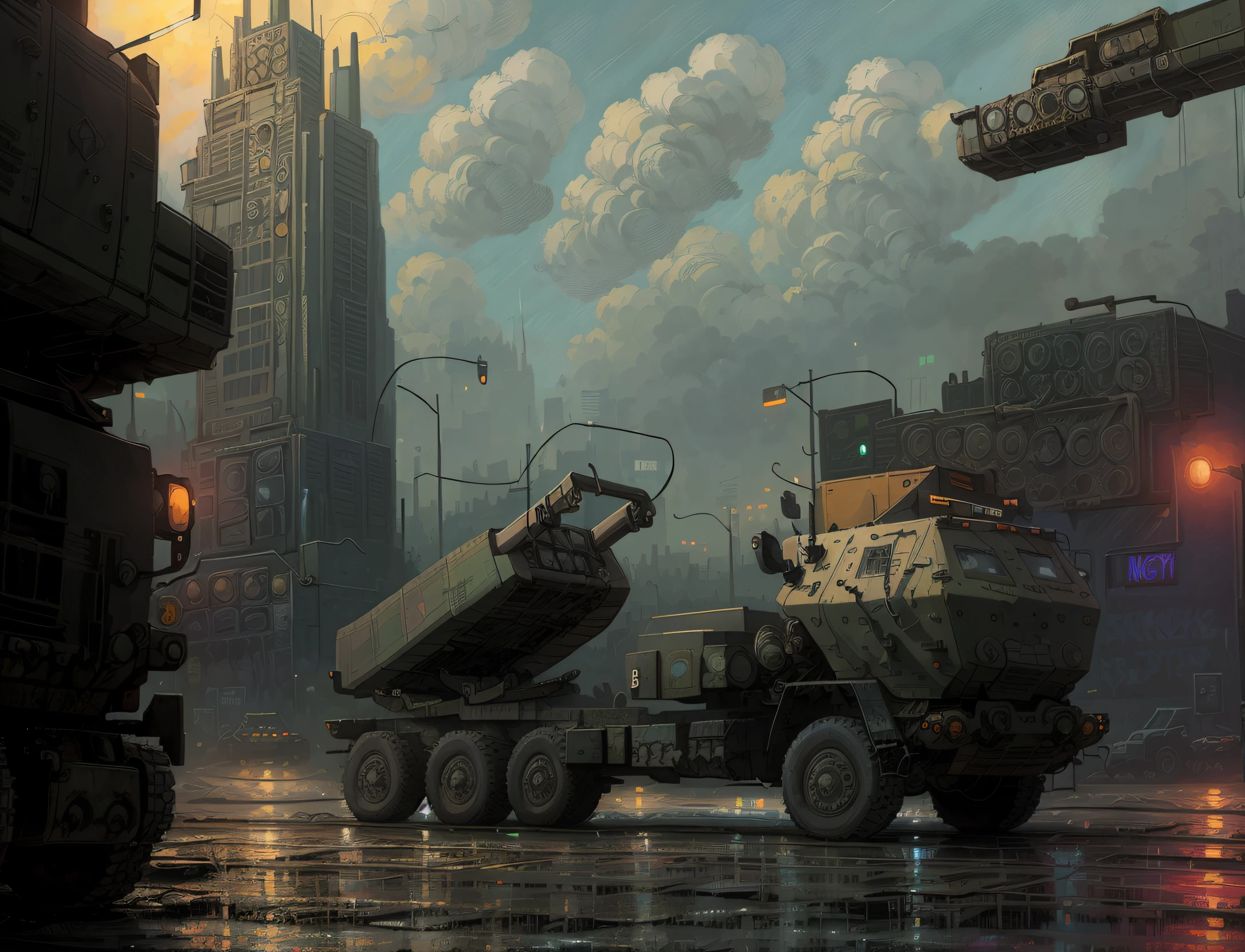 detailed painting of a HIMARS parked on a dystopian cyberpunk street at night, photorealism