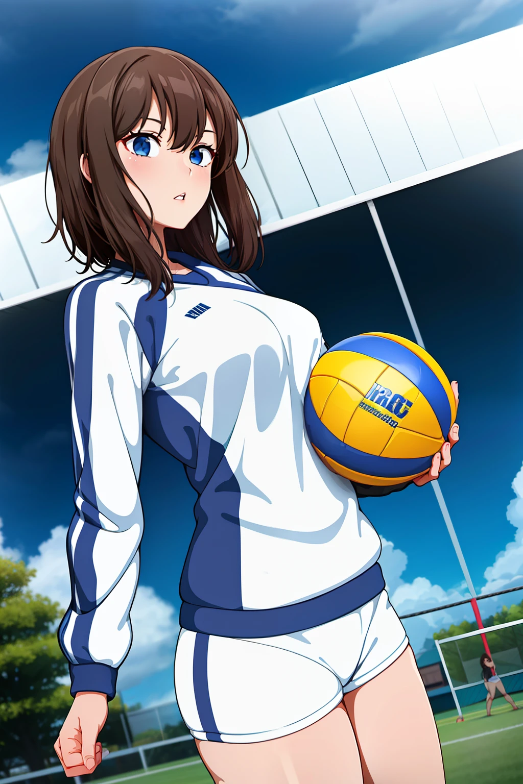 masterpiece, best quality, 1girl, volleyball trackwear, trackwear, clouds, brunette hair, blue sky, sky, holding, shirt, bangs, medium hair, long sleeves, standing, holding the ball, outdoors,, parted lips,room, mature female,