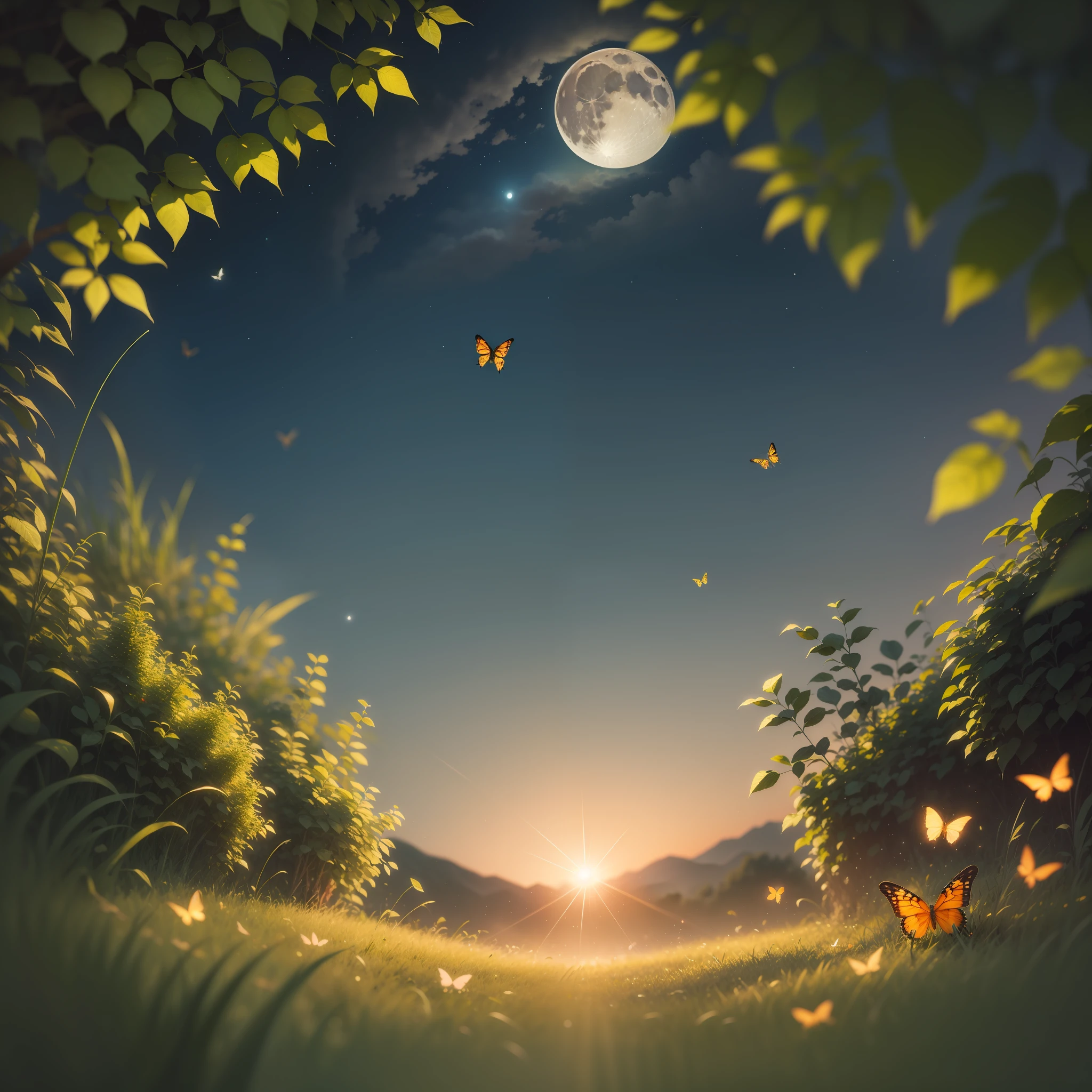 Summer night, moon, grass under the screen, leaves on both sides of the top of the screen, butterflies flying in the grass, fireflies, picture ratio 1:1, very detailed, best quality