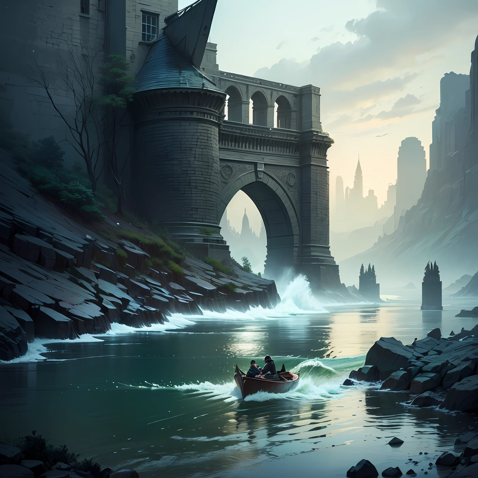 Stone arch bridge, marble bridge deck sitting a boy, the river has a black boat, dark style, grandeur, atmosphere, horror, a lot of man-eating sharks at the bottom of the river --auto