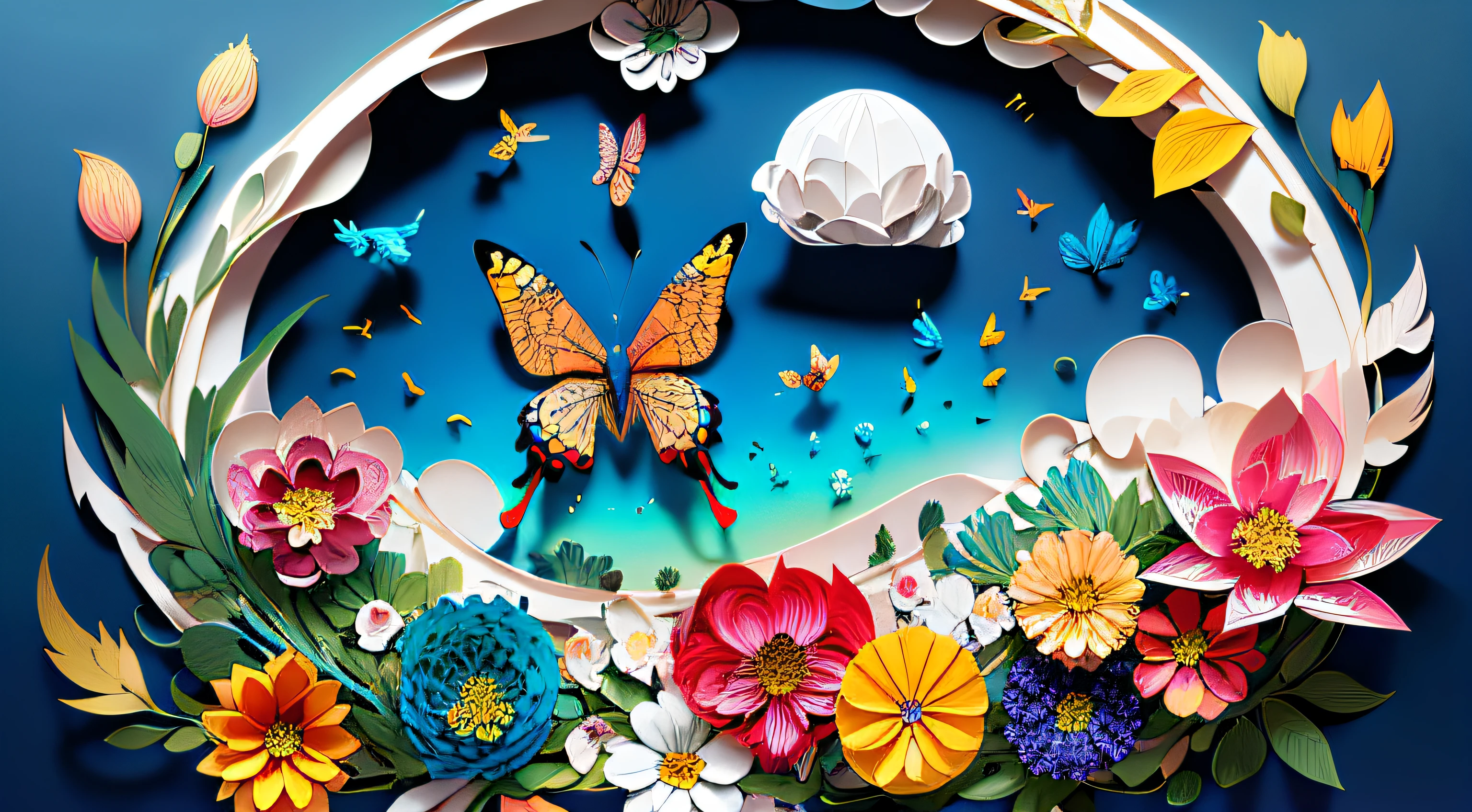 realistic, (best quality, masterpiece:1.3),illustration,big butterfly in the center , floating in dalias, cloudy sky, paper_cut, pattern