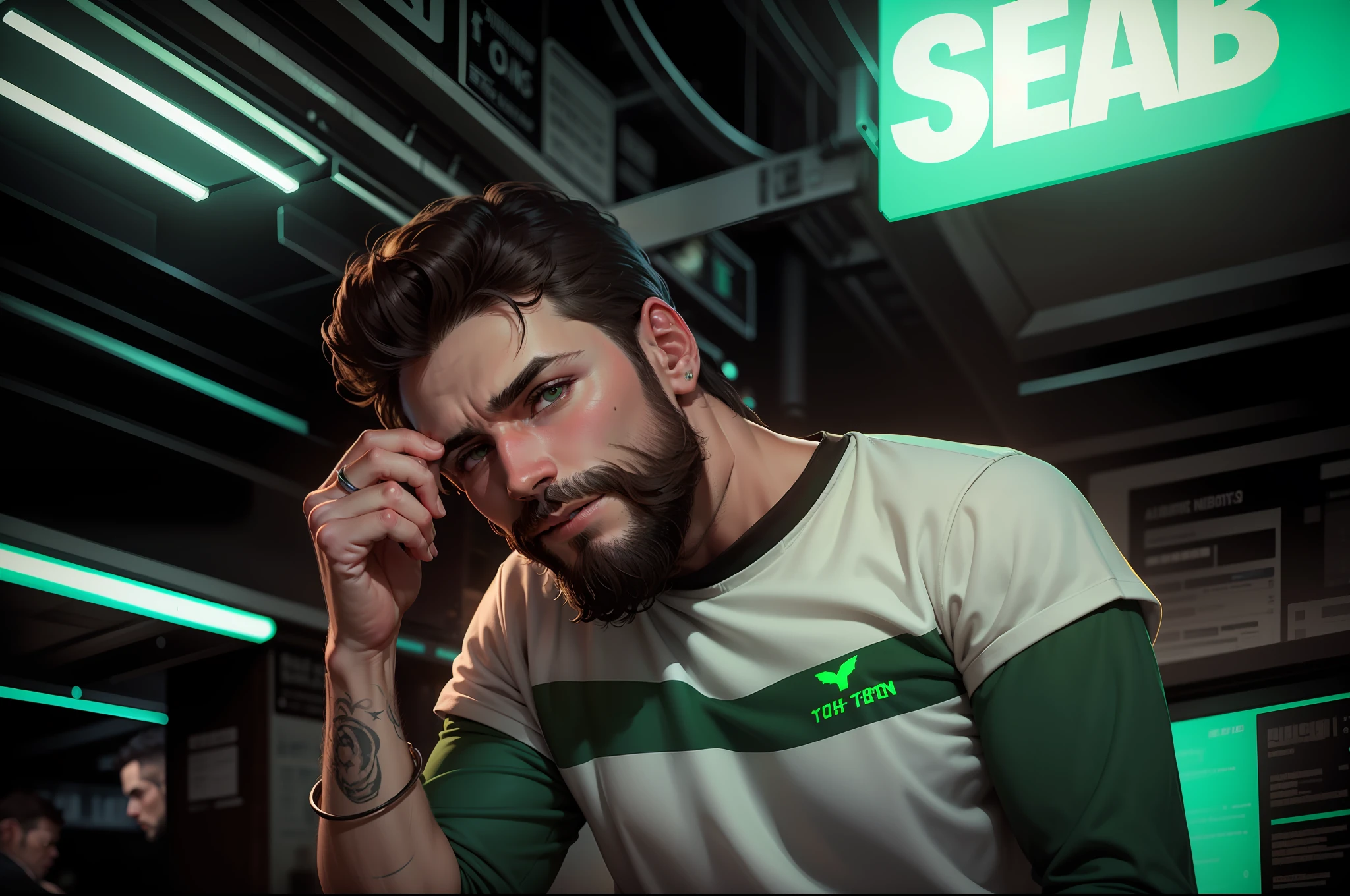 Adult man with beard and dark brown hair, dark brown eyes, black sweatshirt with green details, in a city with green neon lights.