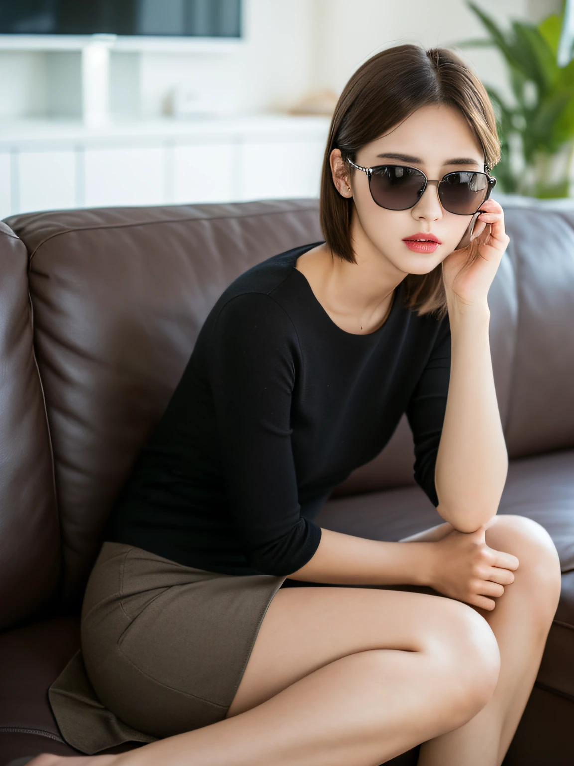 ((Best Quality, 8K, Masterpiece: 1.3)), 1 girl, full body, slim face, beautiful woman, (short dark brown hair), long skirt 1:1, ultra-detailed face, detailed eyes, evening, head down, sunglasses sitting on sofa in living room, dark light, blurred background, slim face,