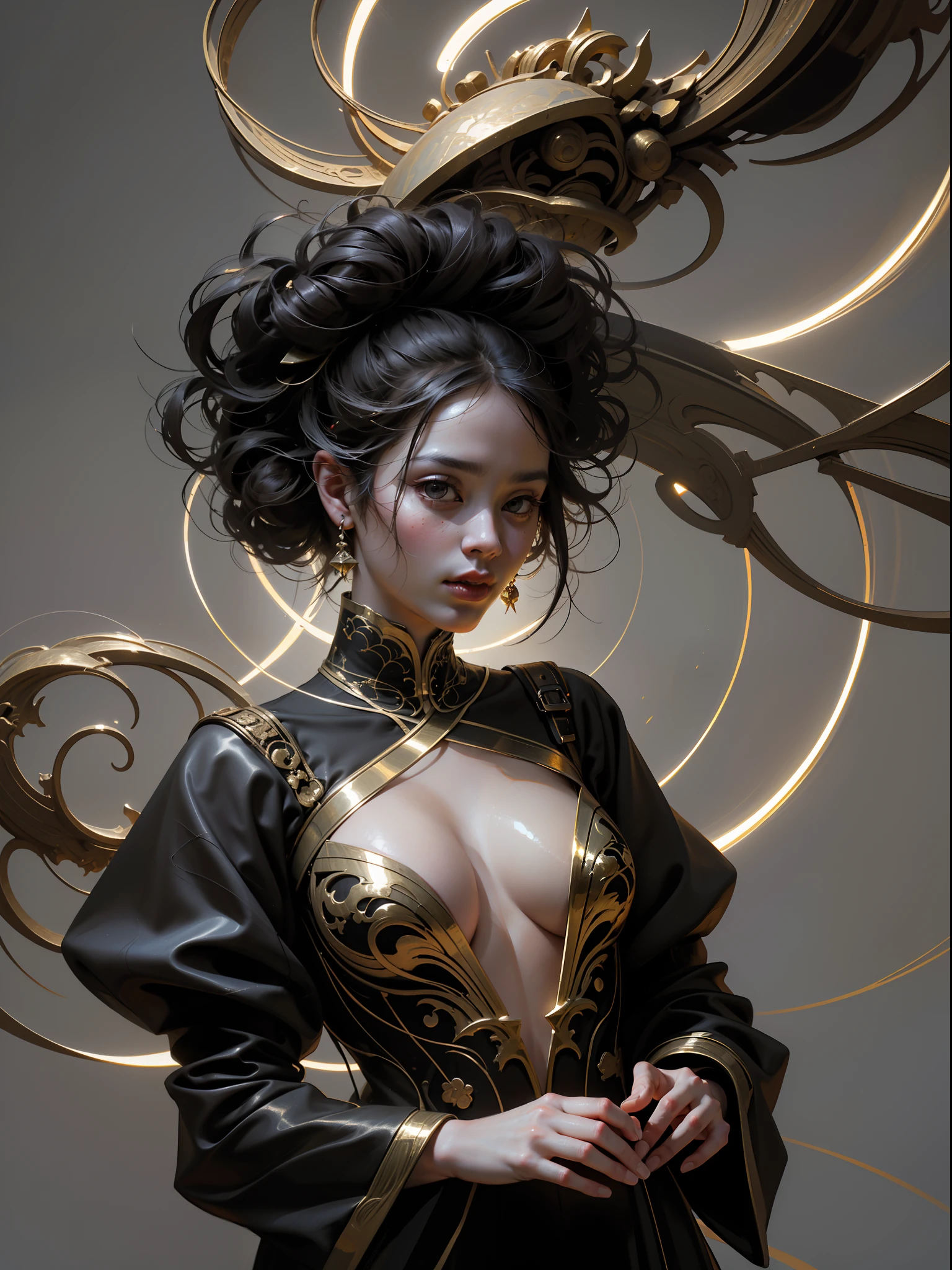 official art, unity 8k wallpaper, ultra detailed, beautiful and aesthetic, masterpiece, best quality, (zentangle, mandala, tangle, entangle), (fractal art:1.3) , 1girl, extremely detailed, dynamic angle, cowboyshot, the most beautiful form of chaos, elegant, a brutalist designed, vivid colours, romanticism, by james jean, roby dwi antono, ross tran, francis bacon, michal mraz, adrian ghenie, petra cortright, gerhard richter, takato yamamoto, ashley wood, atmospheric, ??????? of musical notes, streaming musical notes visible