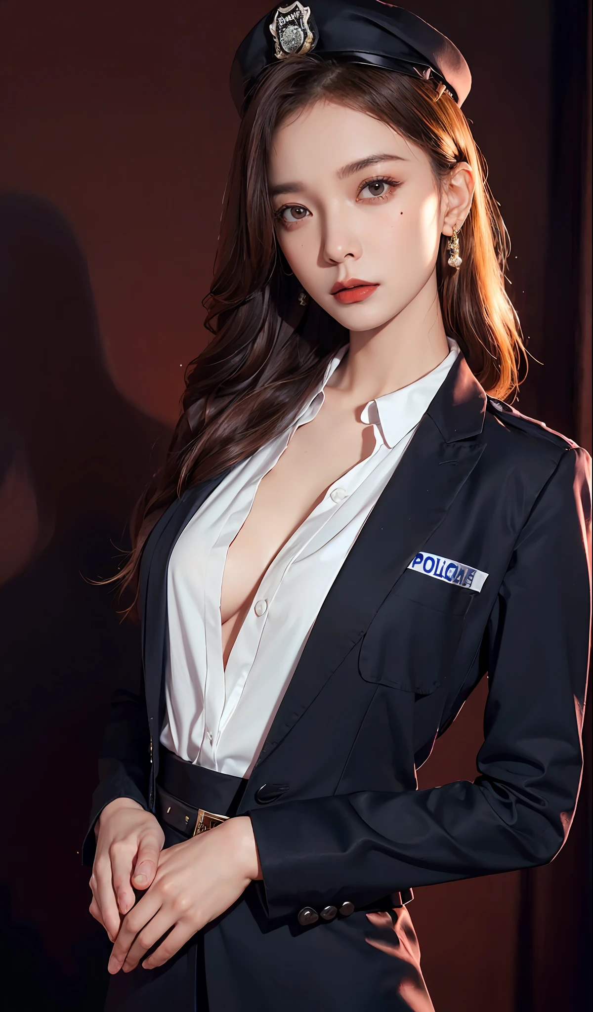 Simple background, (wearing a policewoman uniform and cap: 1.4), good hands, 4k, high resolution, masterpiece, best quality, head: 1.3, ((Hasselblad photography)), fine skin, clear focus, (cinematic lighting), soft lighting, dynamic angle, [:( detailed face: 1.2): 0.2], large breasts, breasts, (((inside the mansion)), (chest exposed: 1.3), 1 girl, jewelry, earrings, orange_sky, solo, mole, long_ hair, mole_under_eye, upper_body, grey_eyes, looking_at_viewer,, brunette hair, fashion, (head tilt: 1.4), simple background, red background,