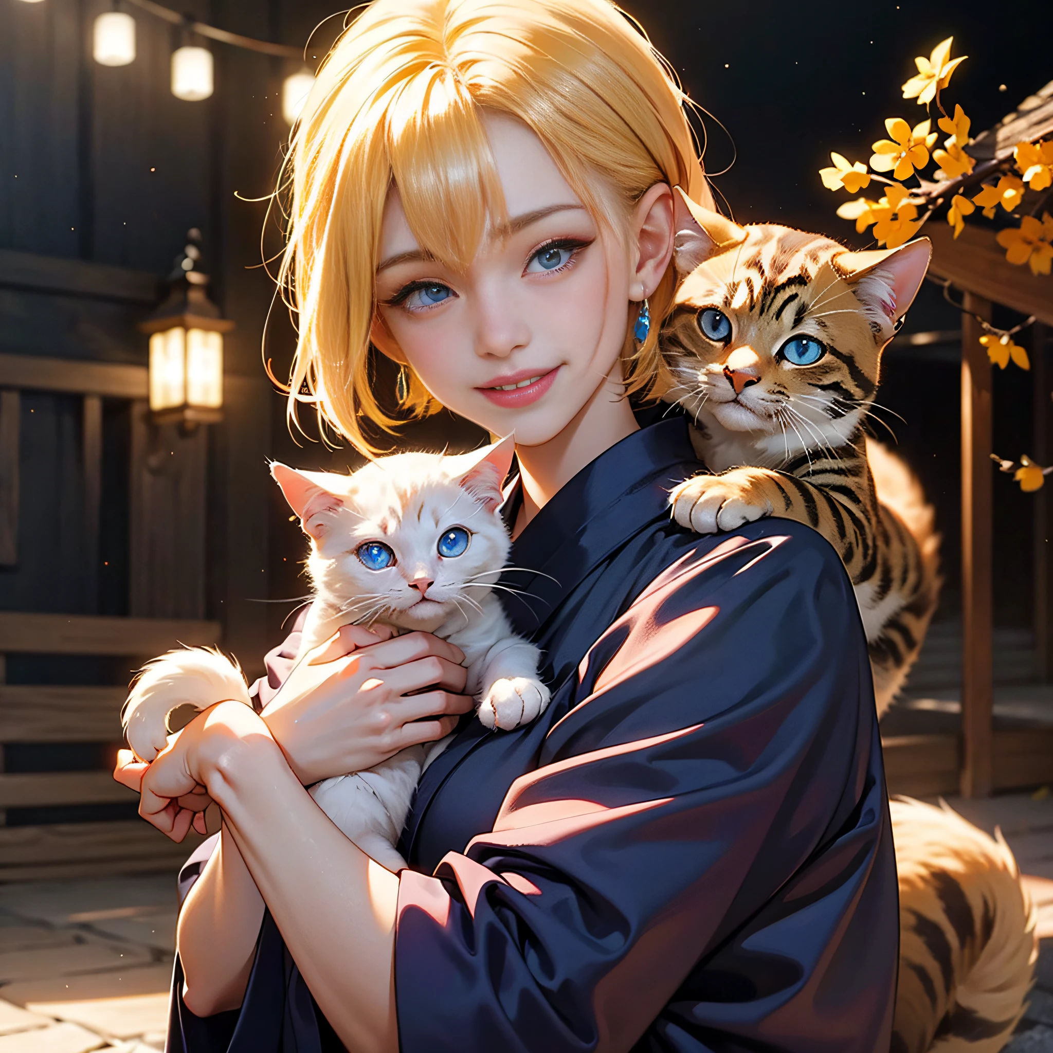 {{masterpiece, best quality, extremely detailed CG, unity 8k wallpaper}}, steampunk, park facing Yokohama port, 1 girl, 1 cat, smiling girl holding a cat, cute face, blonde short bob, ears pierced earrings, yukata, yukata pattern goldfish, detailed eyes, blue eyes, double eyelids, long eyelashes, cinematic lighting,