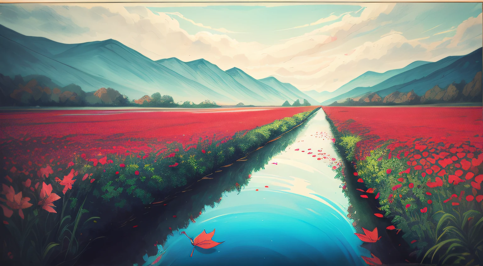I can't remember the feeling of the beginning
The landscape painting depicted is a devil that deceives angels
Eventually, even the hot heartbeat and lies will end
Counting on my fingers, the last time of freedom
Baring my teeth and howling, just flowing people
The abyss reflected in the water surface
Because it sways and disappears with withered leaves
Because it fades in the waves
Is there a nostalgic memory at the destination led to?
The scars that can boast of time
Blossom vividly and unhealed in red
In the same time, blooming vividly, 
abstract landscape,
(best quality:1.3), (highres:1),