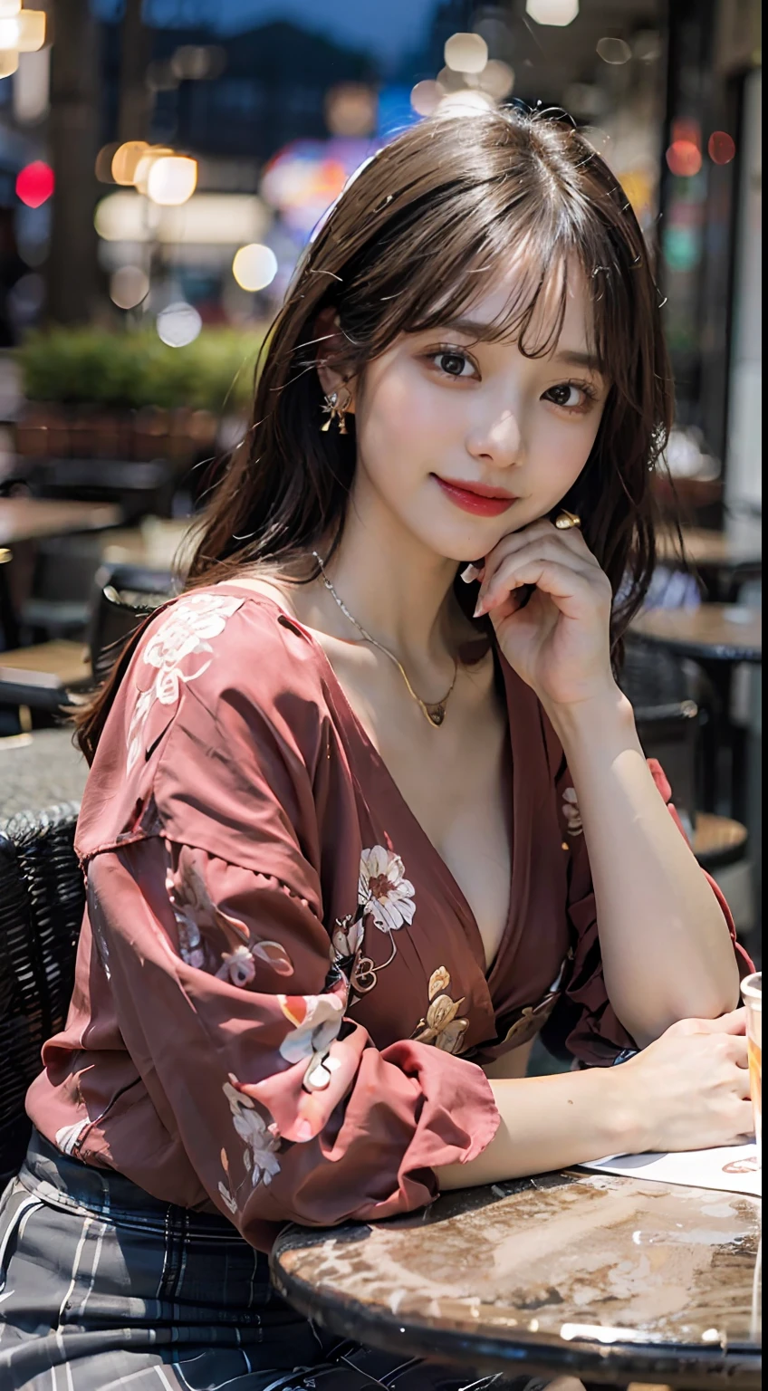 ((Best Quality, 8k, Masterpiece:1.3)), 40k, photography, Perfect Body Beauty:1.4, cinematic lighting, black long hair, straight Bangs, (red batik shirt:1.1) , (in front of cafe:1.2), Highly detailed face and skin texture, Detailed eyes, Double eyelids, whitening skin, perfect face, big breast, looking away, (nighttime), smile, earrings, necklaces, mature women, coffee on table, (a women sitting in front of cafe),