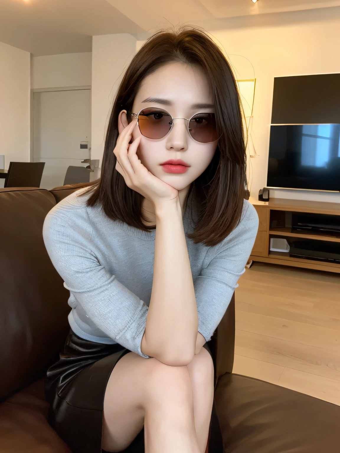 ((Best Quality, 8K, Masterpiece: 1.3)), 1 girl, full body, slim face, beautiful woman, (short dark brown hair), long skirt 1:1, ultra-detailed face, detailed eyes, evening, head down, sunglasses sitting on sofa in living room, dark light, blurred background, slim face,