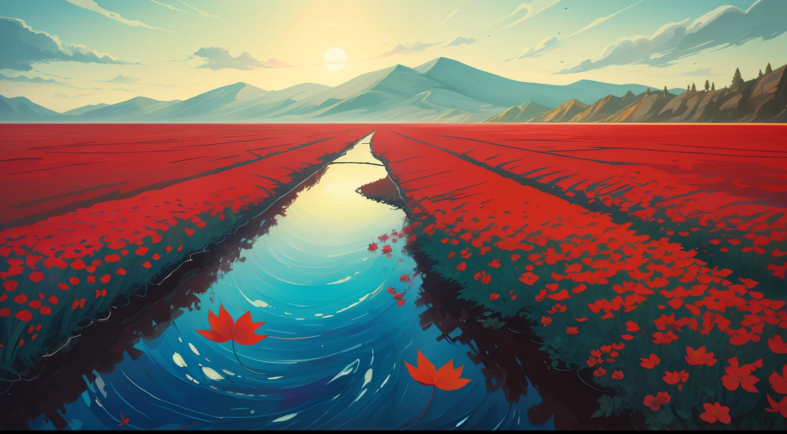 I can't remember the feeling of the beginning
The landscape painting depicted is a devil that deceives angels
Eventually, even the hot heartbeat and lies will end
Counting on my fingers, the last time of freedom
Baring my teeth and howling, just flowing people
The abyss reflected in the water surface
Because it sways and disappears with withered leaves
Because it fades in the waves
Is there a nostalgic memory at the destination led to?
The scars that can boast of time
Blossom vividly and unhealed in red
In the same time, blooming vividly,
abstract landscape,
(best quality:1.3), (highres:1),