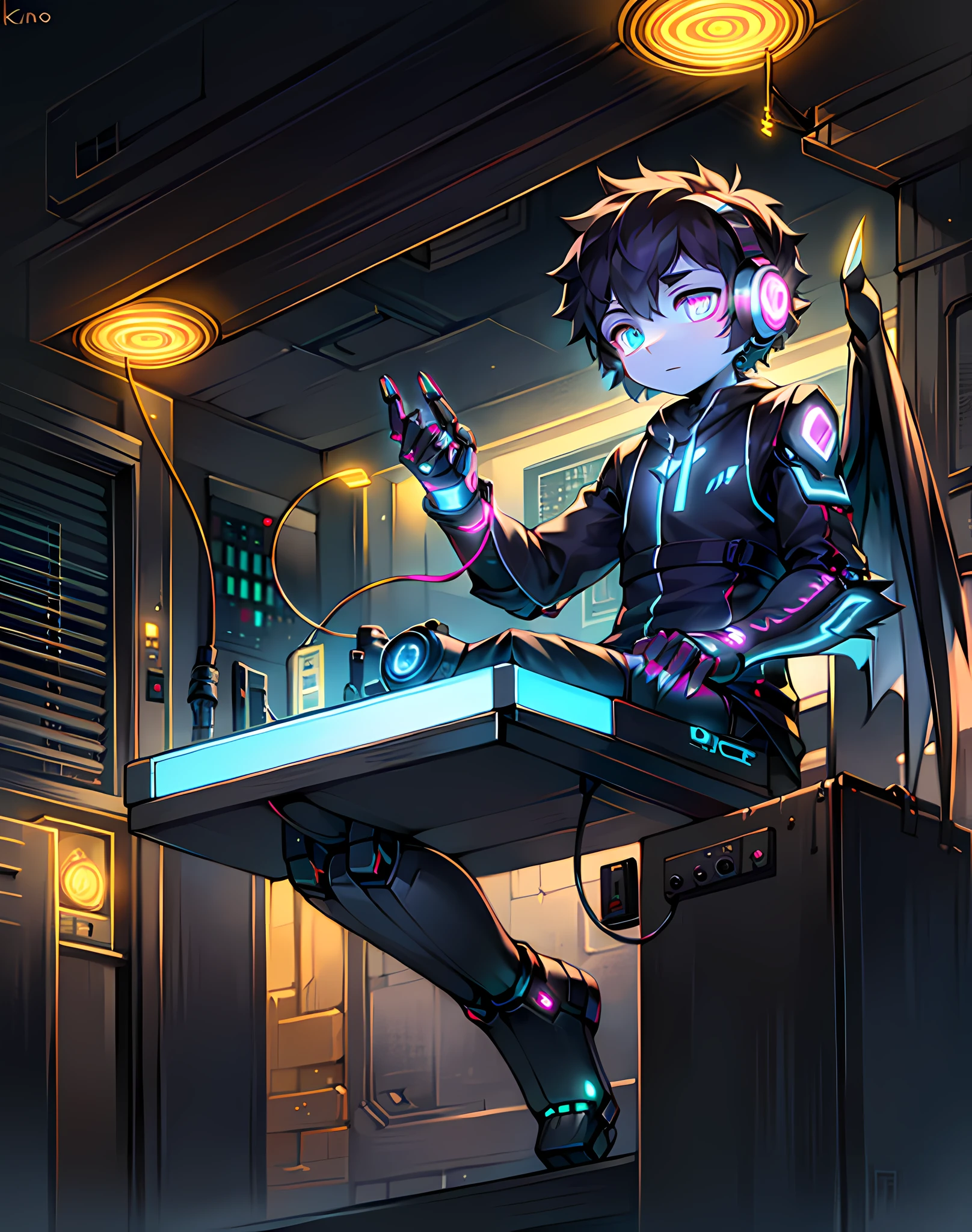 Masterpiece quality, highest definition, detailed texture, 12K, solo, humanoid focus, soft light, drone, robot, nano drone, boy, teenager, short hair, glowing pattern, circuit tattoo, robotic arm, mechanical joint, fine eye, luminous mechanical prosthetic eye, machine body, anti-joint, wing, levitation, headphones