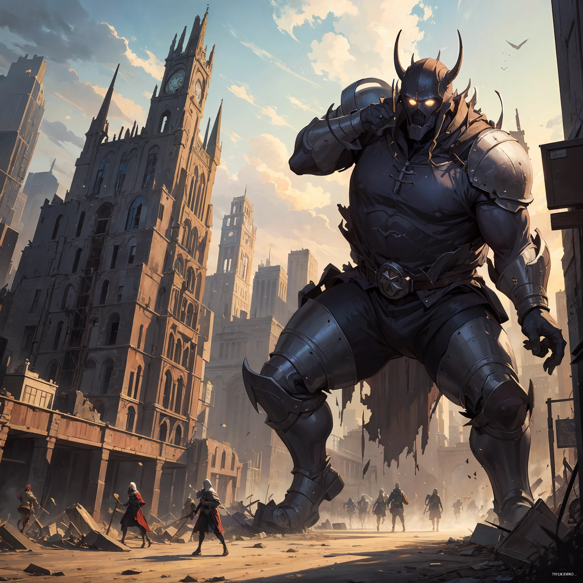 A huge titan destroying a medieval metropolis, big buildings, humanoid, bizarre, people fleeing, despair, chaos, crowds, high detail, expressionism, atmospheric perspective, masterpiece, super detail, medieval fantasy --auto