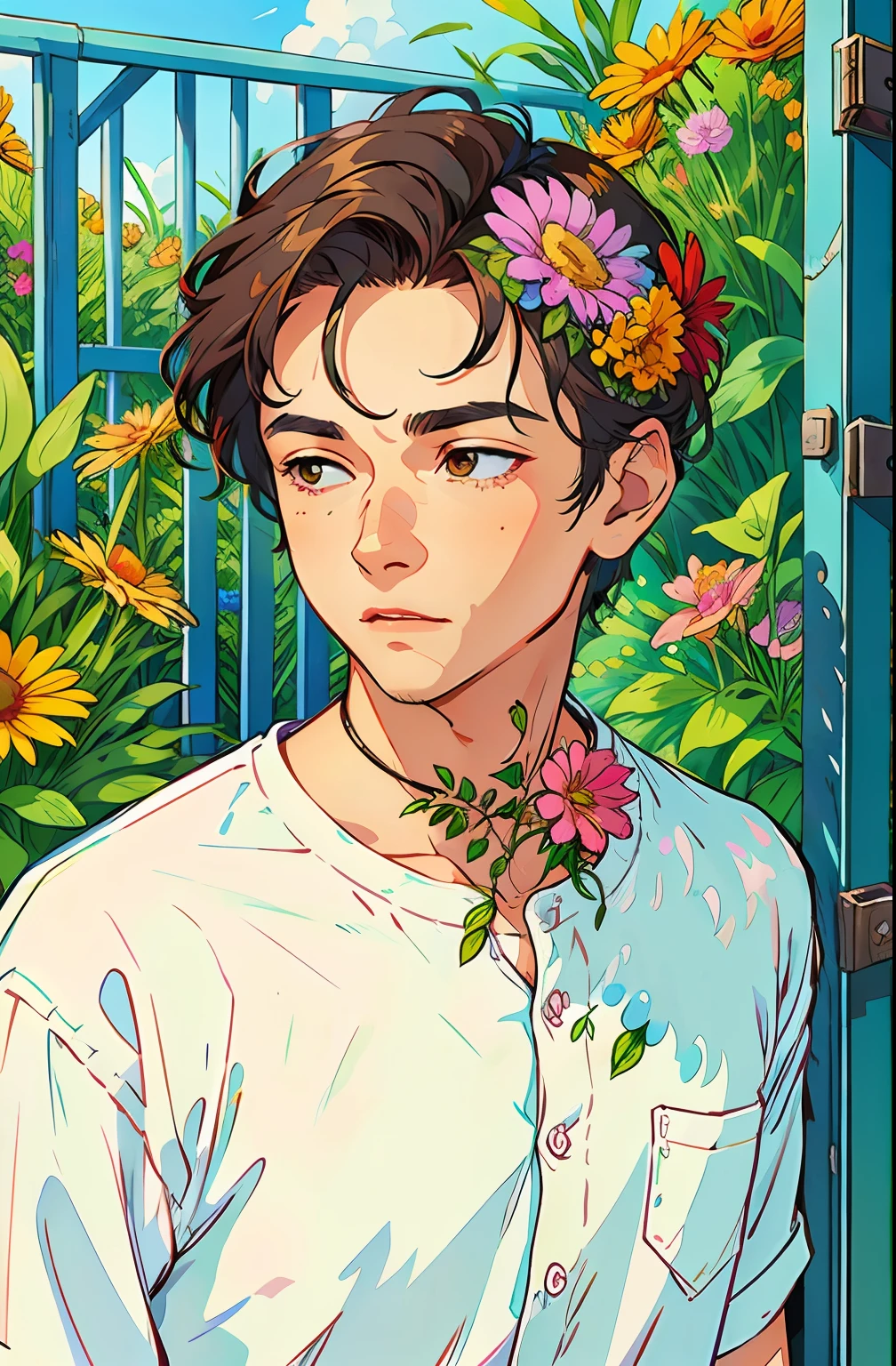 HD, (Best Details) (Best Quality), (Illustration), (((Flowers))), ((Hair Decorating Flowers)))), (Surrounded by Flowers))), Garden, Flower and Plant Background, Butterfly, There is a man standing by the fence holding a mobile phone