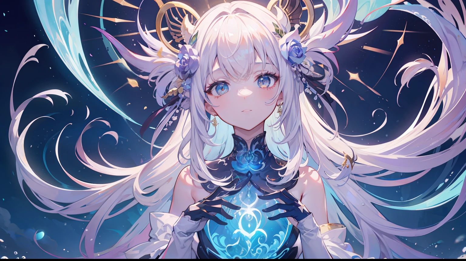 Beautiful portrait of the highest quality, masterpiece, exquisite CG, full body photo, light blue long-haired girl, in the sea, delicate and complex hair ornaments, dragon horns, upper body and lower body dragon tail, golden eyes long eyelashes, floating hair, highlights, bubbles, panorama, wide-angle lens, absolutely beautiful, charming, perfect, ultra-clear, HD, full body photos