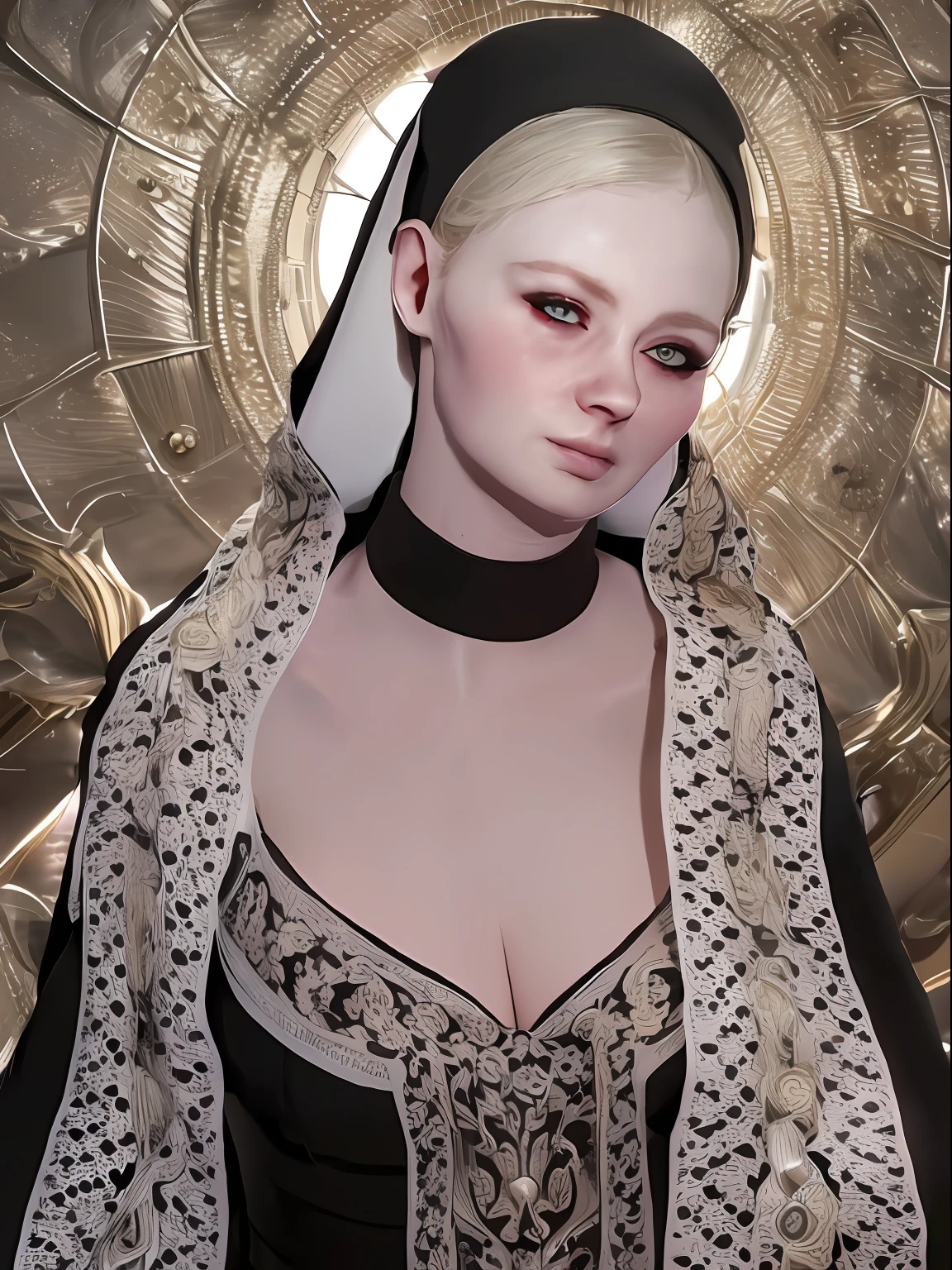 pretty blonde woman wearing nun veil , wearing transparent dress , 8k,realistic (realistic, photo-realistic:1.37) solo, body, realistic,(masterpiece:1.4),(best quality:1.4) , natural lighting