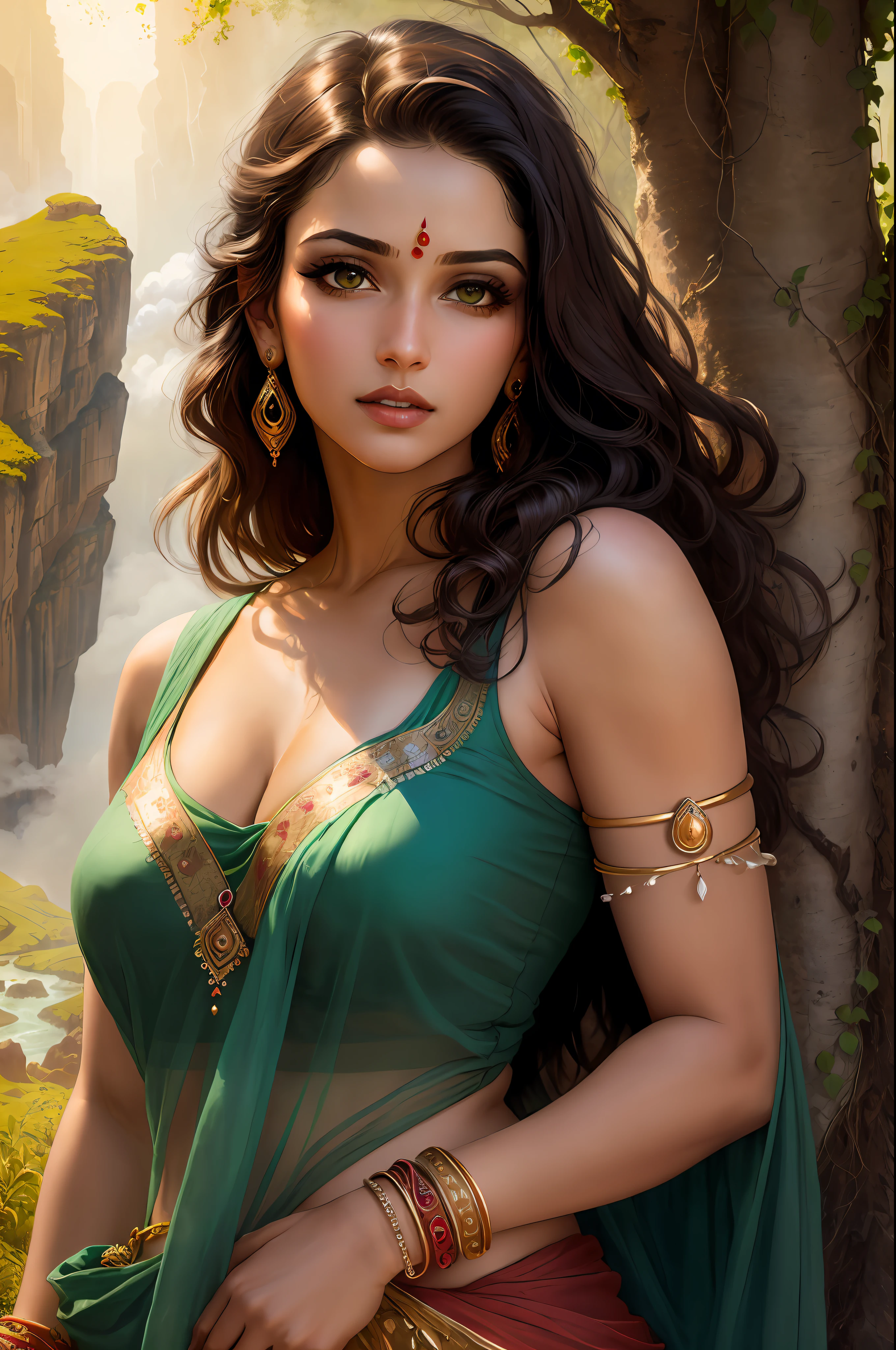 Face of Indian actress nayanthara, ((realistic:1.5)),((best quality)), ((masterpiece)),((detailed)),
(1girl), (a  beautiful female), 
(upper body:1.3),super-wide-angle lens,face focus,
mature,sexy,toned muscles,long legs,curvy, barefoot, cleavage,thick thighs,wide hips,
green eyes,long hair,floting hair,long eyelashes,
(detailed face,beautiful eye, detailed pupilss,detailed clothes features, clear background:1.3),
(Bindi,Jhumkas:1.3),
(Dress,Armlet, Haar, Payal,Maang Tikka,Jhumkas,Kamarband,Bangles:1.3),
mysterious ancient ruin, lush forests, deep canyons,bridge,river,cliff,cloud, lakes,rock,waterfalls, flowers, grass, fog,vine,tree, smoke,
best shadow,bright details,sharp,perfect composistion,
Intricate, Sharp focus, dramatic,
(specular lighting:1.3),rim light,
photorealistic painting art,by Frank Frazetta,by Julie Bell,by Olivia De Berardinis,by Luis Royo,by boris vallejo,