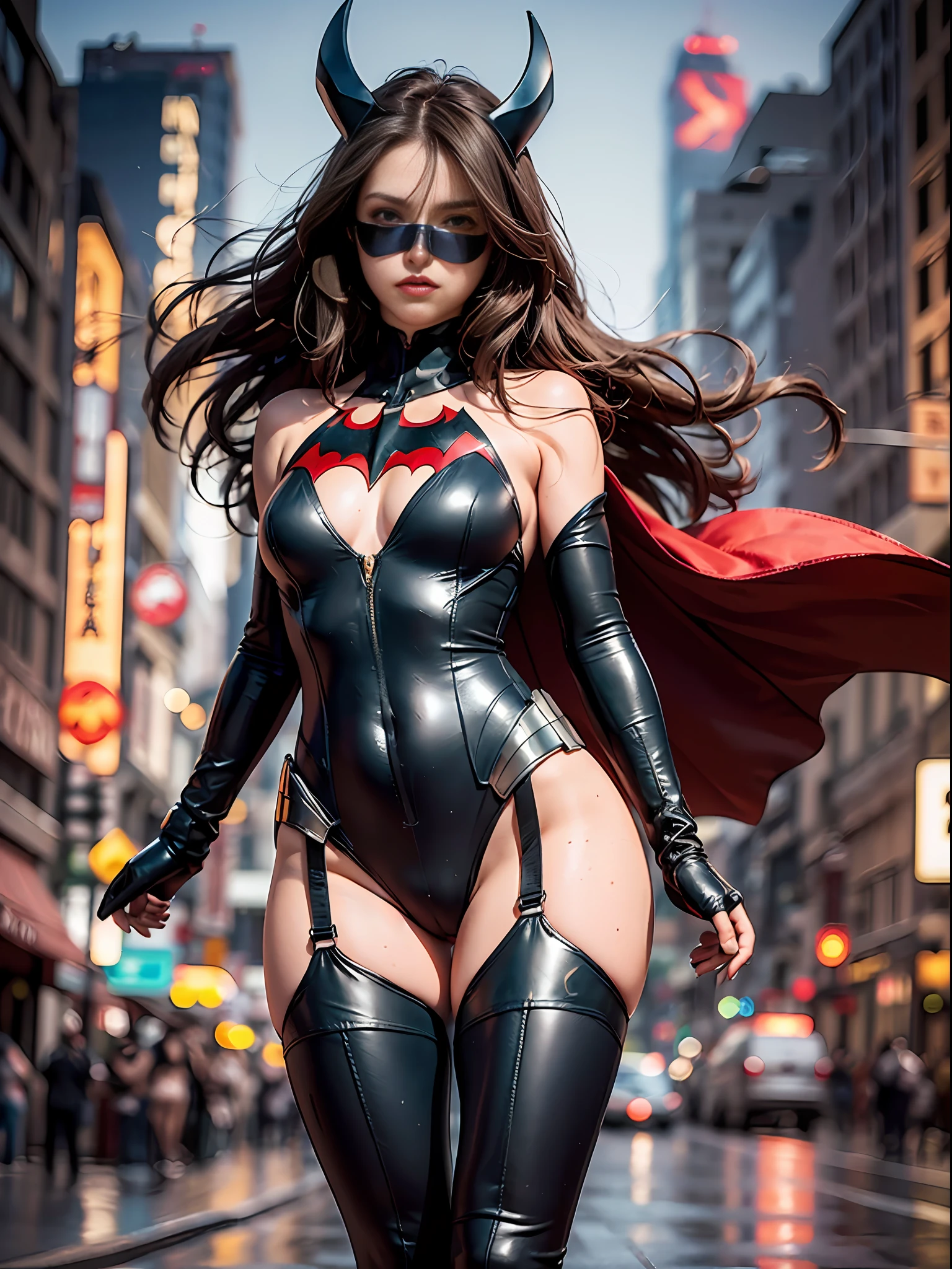 Ultra fine photography,, Best quality, Ultra HD, Natural light, Full body portrait, (Amazingly beautiful young Nikkei beauty),(Dark chestnut hair with semi-long hair that sits in the wind), Dynamic pose, Beautiful egg-shaped face, Bright big eyes, Front view, ((Batwoman high cut, high leg, bikini costume))),(( No head cap, mask)),Urban street at night, Detailed face,(((Big)) ,High detail skin, realistic skin details, visible pores, sharp focus, 8K UHD, digital, high quality, fair skin, view from below,