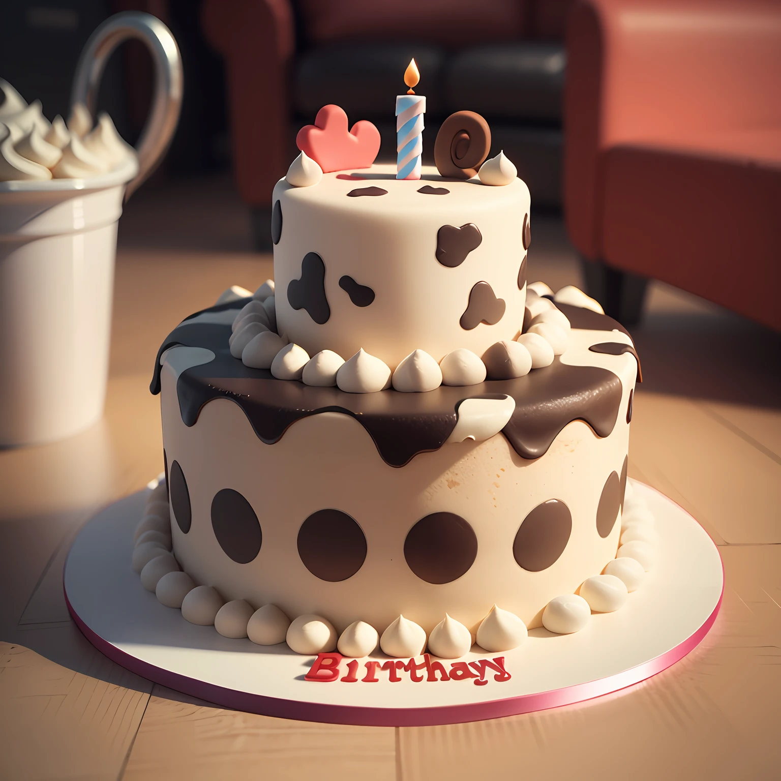 Cow pattern birthday cake, 3 D, 3d digital art, rendered in cinema4d --auto